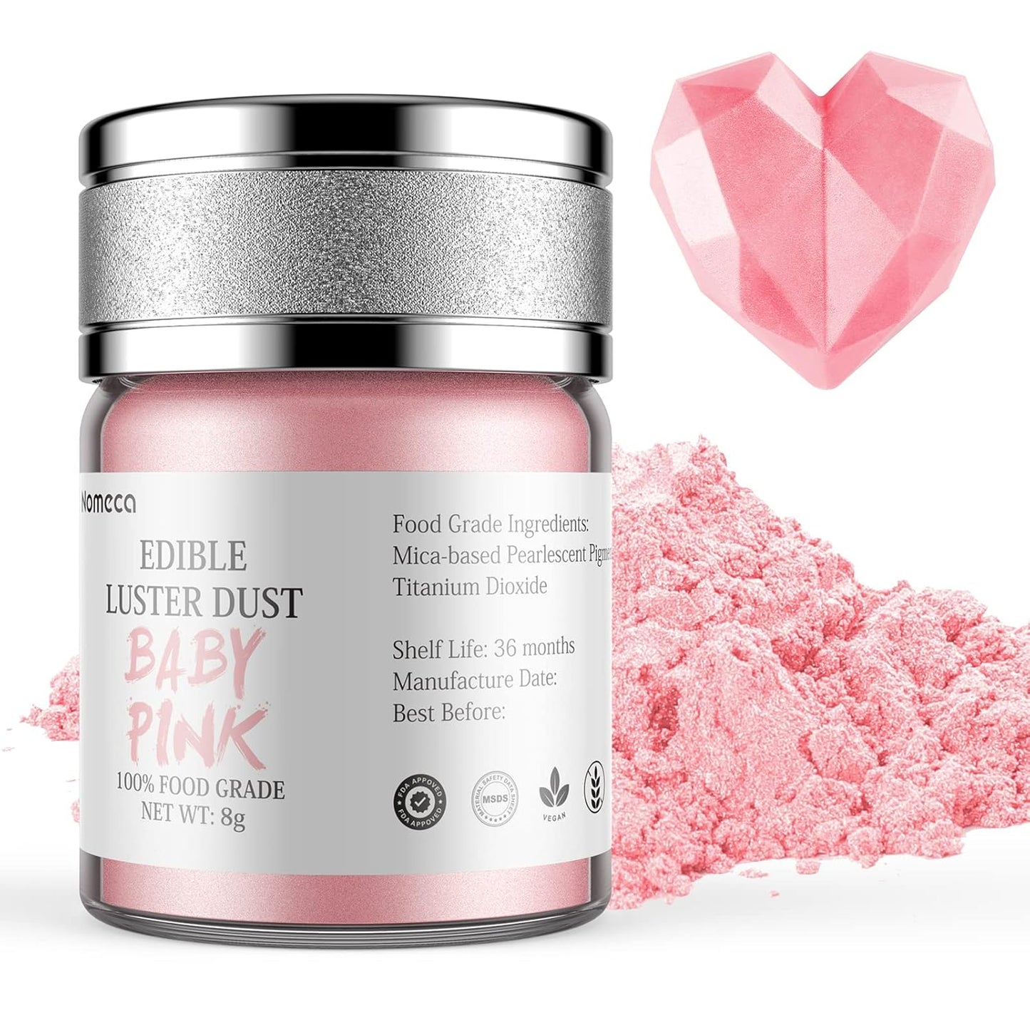 Nomeca Edible Luster Dust, 8 Grams Food Grade Shimmer Gold Cake Dust Metallic Food Coloring Powder for Cake Decorating, Baking, Fondant, Gumpaste, Chocolate, Candy, Drinks, Cookies - Pink