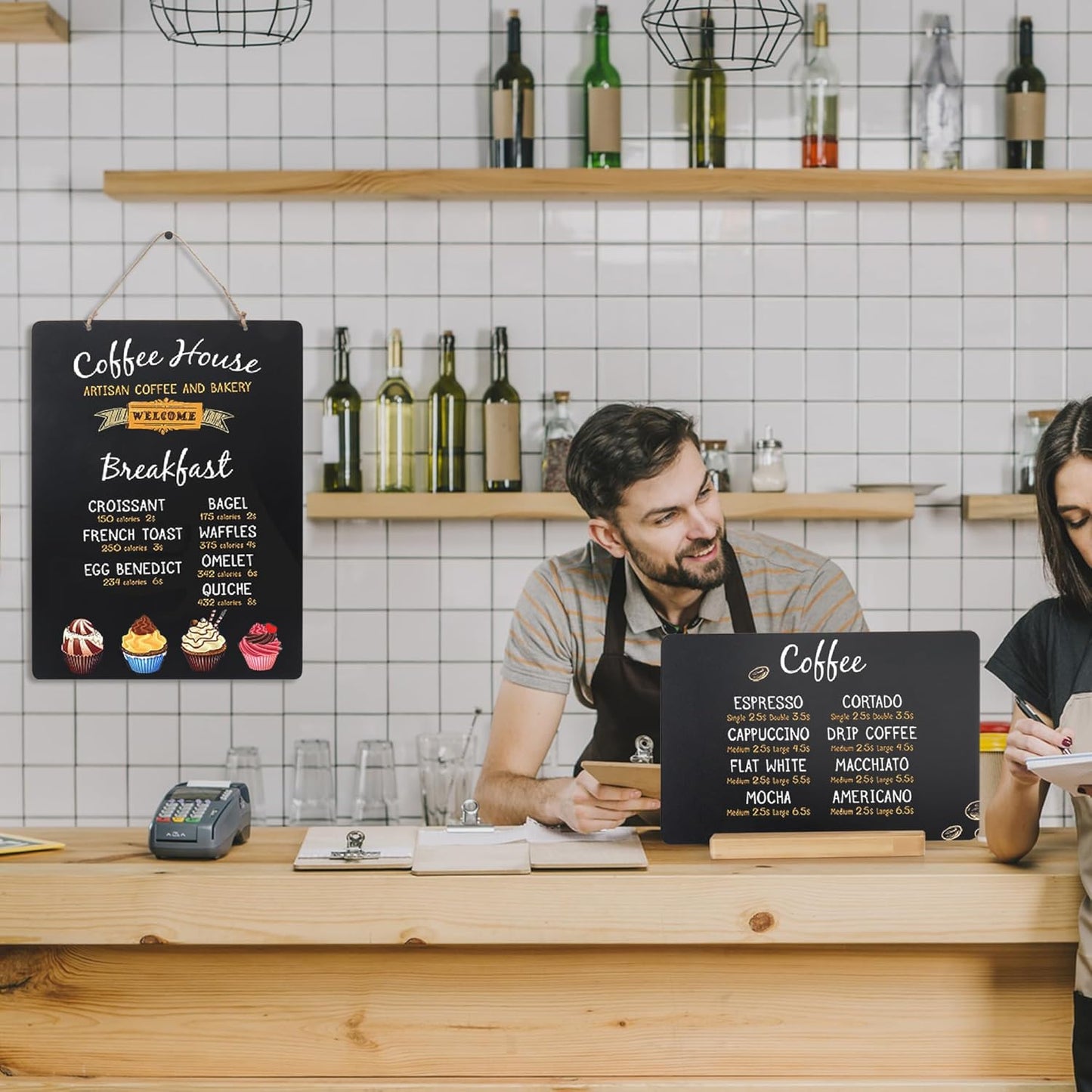SELEAD Chalk Board Sign Board - 2 Pack 12x16 Inch Decorative Chalkboard with Wooden Stand + Hanging Rope, Table & Wall Decor, Double-Sided Message Menu Food Board for Business, Wedding
