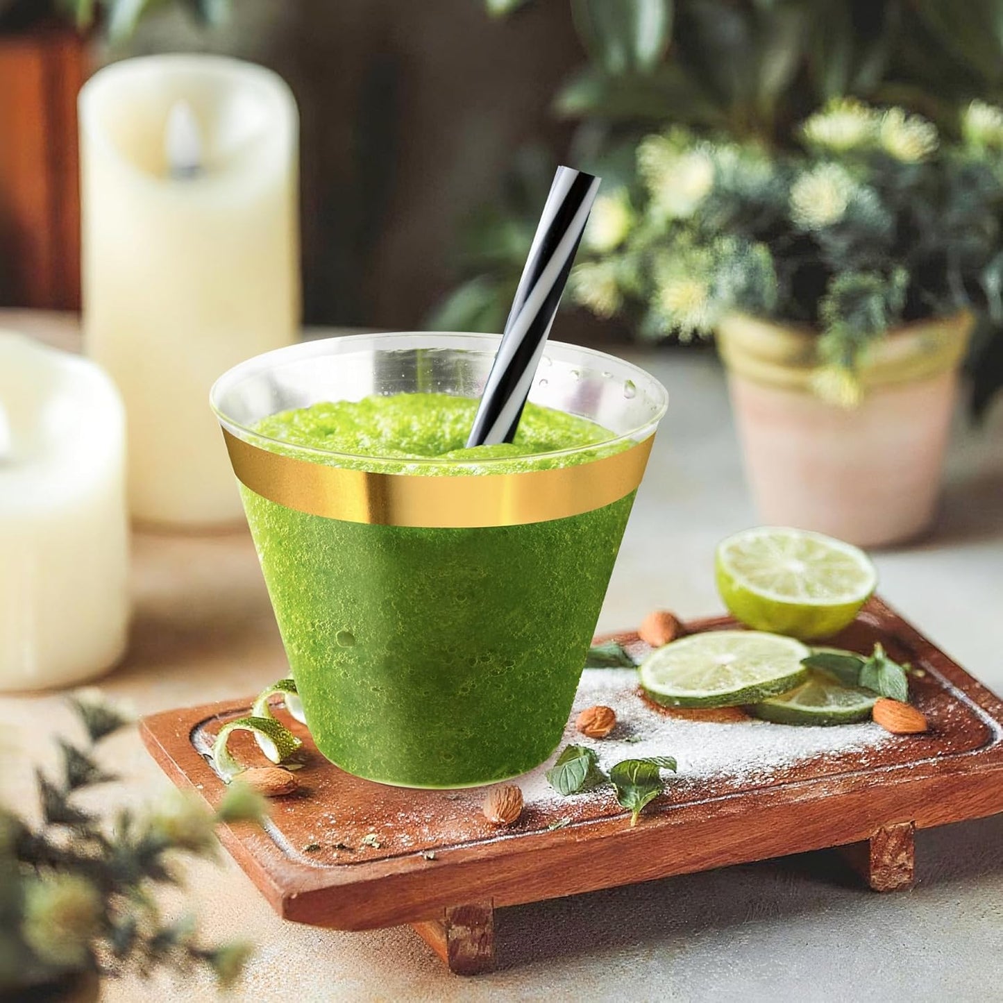 100Counts 9 OZ. Disposable Cups Old fashioned Party Tumblers, 9 Ounce Squat Cups Gold Rimmed Hard Plastic Party Wedding Cups with Gold Rim