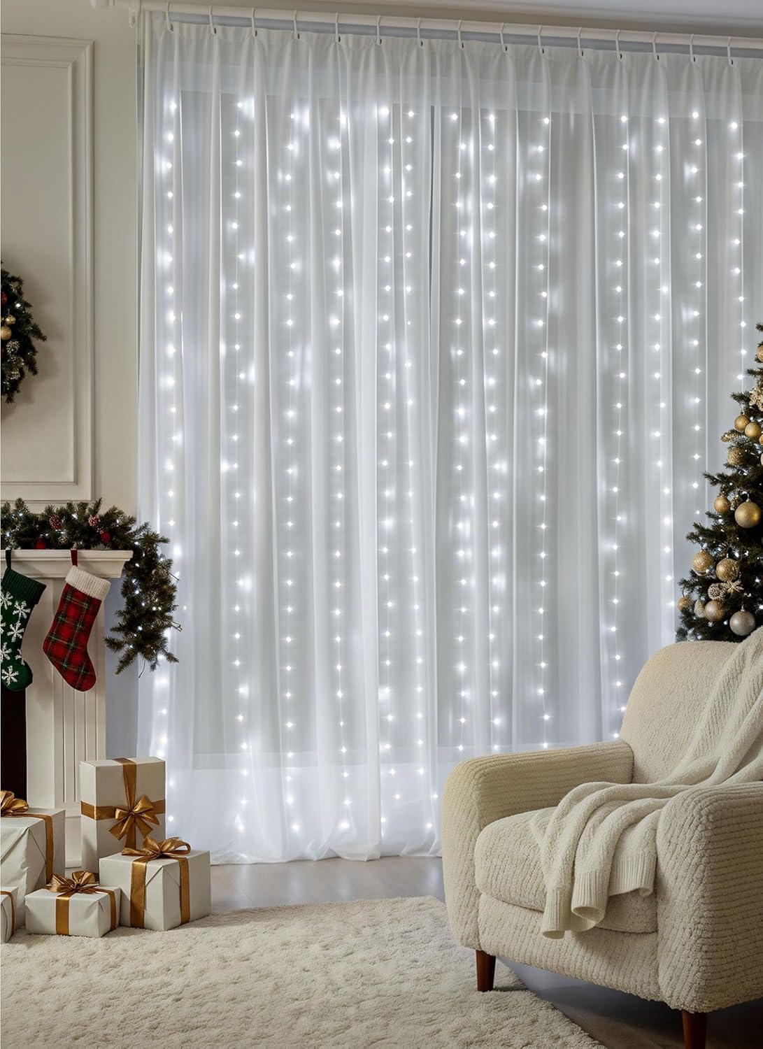 Brightown Curtain String Lights, Hanging Fairy Lights with Remote, 8 Modes, Waterproof Window Lights for Bedroom Backdrop Wedding Outdoor Christmas Party, White, 300LEDs