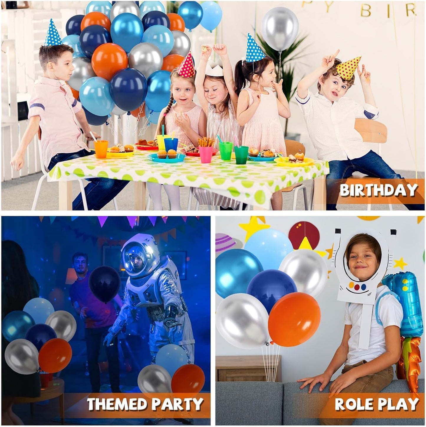 Paready Blue and Orange Balloons, 50 Pcs Astronaut Balloons with 12 Inch Navy Blue Metallic Blue Silver Latex Balloons Helium for Boys Men Outer Space Themed Birthday Baby Shower Party Decorations