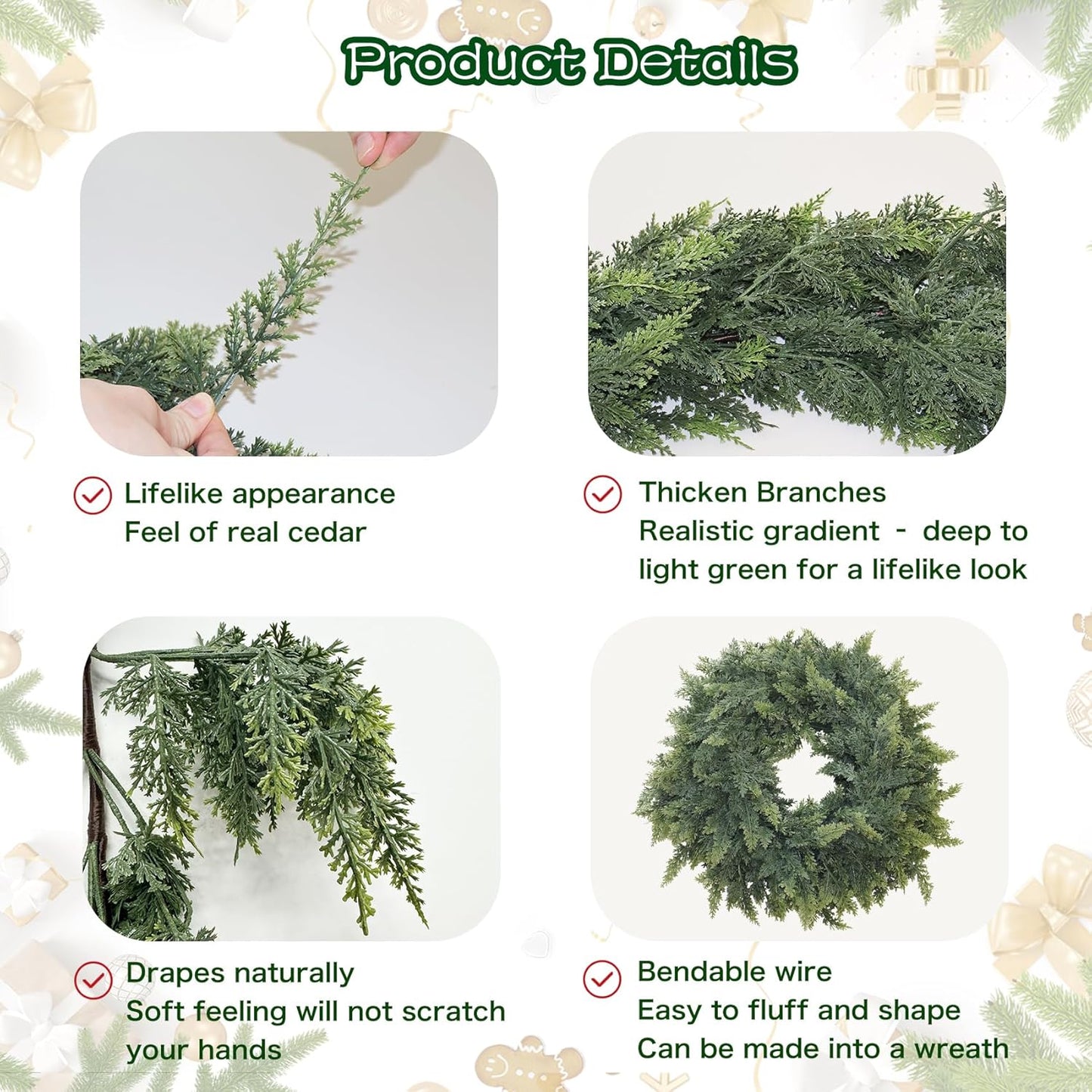12FT Christmas Cedar Garland Artificial Real Touch Thickness Realistic Greenery Pine Garland for Mantle Fireplace Outdoor Indoor Christmas Decorations
