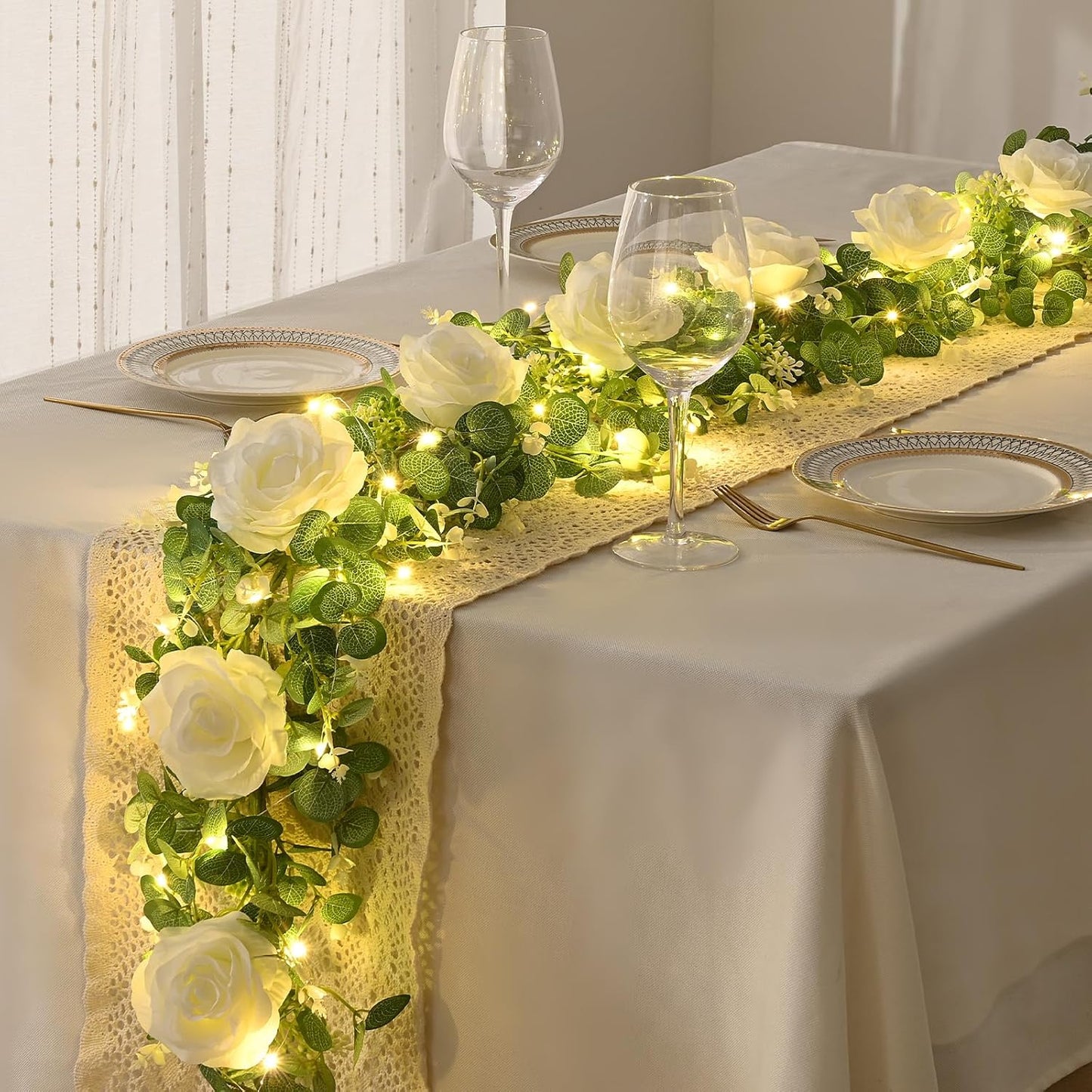 Dolicer 2Pcs 13Ft Artificial Eucalyptus Garlands with Flowers - 8 Roses, Faux Floral Greenery Garlands with 13Ft String Lights Fake Flower Vines for Wedding Table Centerpieces Arch Party Decor (White)