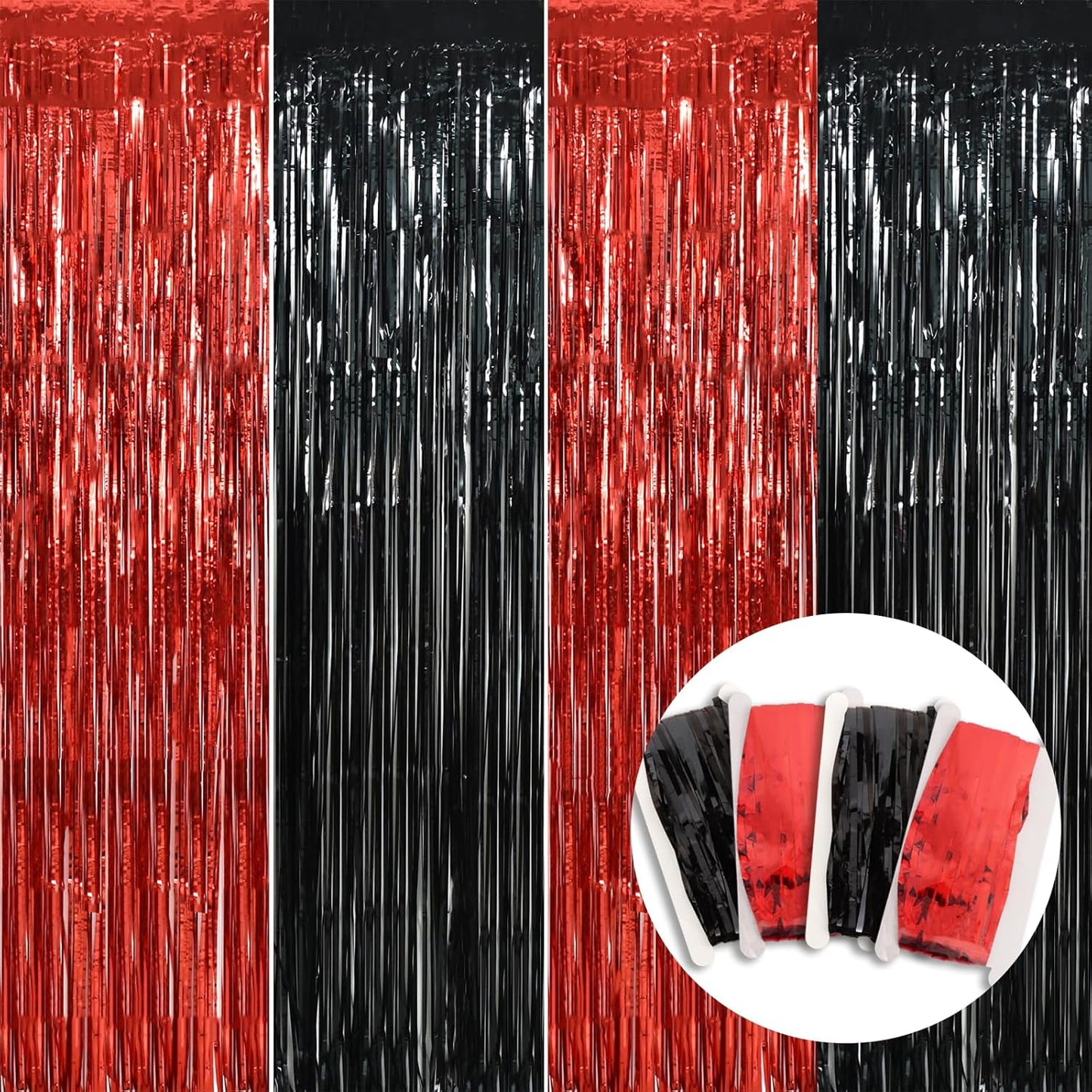 BEISHIDA 4 Pcs Red and Black Door Streamers Foil Curtain Red and Black Party Decoration Backdrop for Casino Theme Scream Halloween Supplies Graduation Birthday Party Decorations (3.28 ft x 6.56 ft)