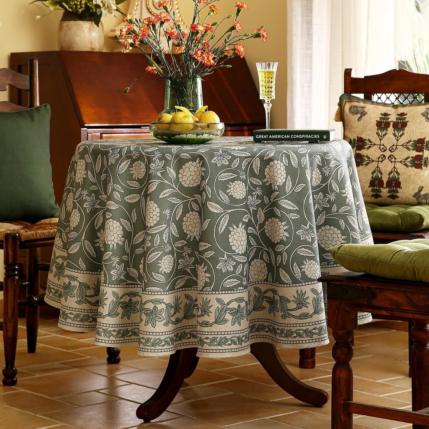 ISAENNE Designer Grayish Green Linen Small Round Tablecloth,Floral Stain Resistant Table Cloth,Fall Vintage Decor Tablecloths for Dining Thanksgiving Kitchen Party,Diameter 55"-Andrew A