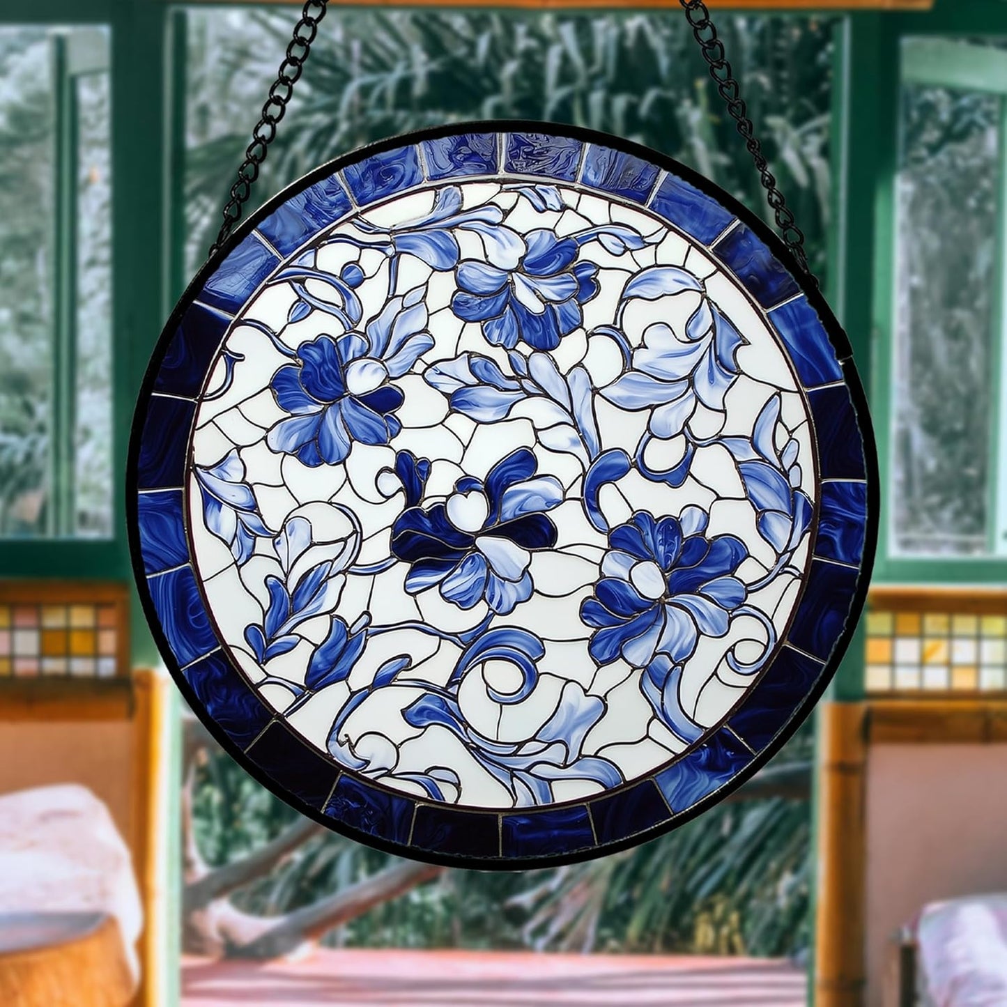 Stained Glass Window Hanging, Blue and White Abstract Flowers Sun Catcher for Door Home Decor Suncatcher Christmas Mother's Day Birthday Gifts for Women Men Mom and Nana 9.8 in