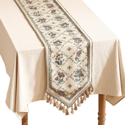 patdrea Designer Vintage Floral Linen Extra Long Table Runner 118 Inch Long,Beige Cottage Rustic Bouquets Pattern Table Mat,Decor for Kitchen Dining Coffee Table Cabinet Thanksgiving,12"*118"