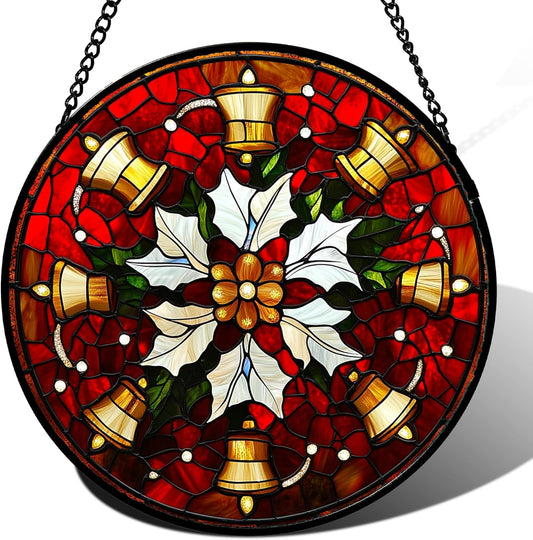 Stained Glass Window Hanging - Golden Bells Flowers Suncatcher for Doors Home Christmas Decoration Winter Sun Catcher Thanksgiving New Year Birthday Gift for Friend Women Men Mom Nana 6.3 in