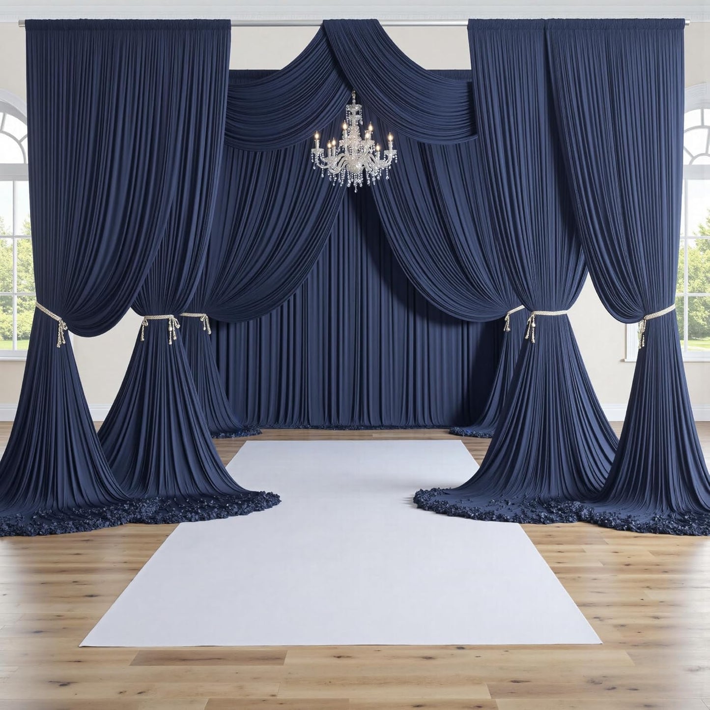 PartyVillage 50ft×15ft Navy Blue Backdrop Curtain for Wedding Parties, 10 Panels Wrinkle Free 15 FT Long Polyester Photo Backdrop Drapes Back Drop Cloth for Birthday Photography Background