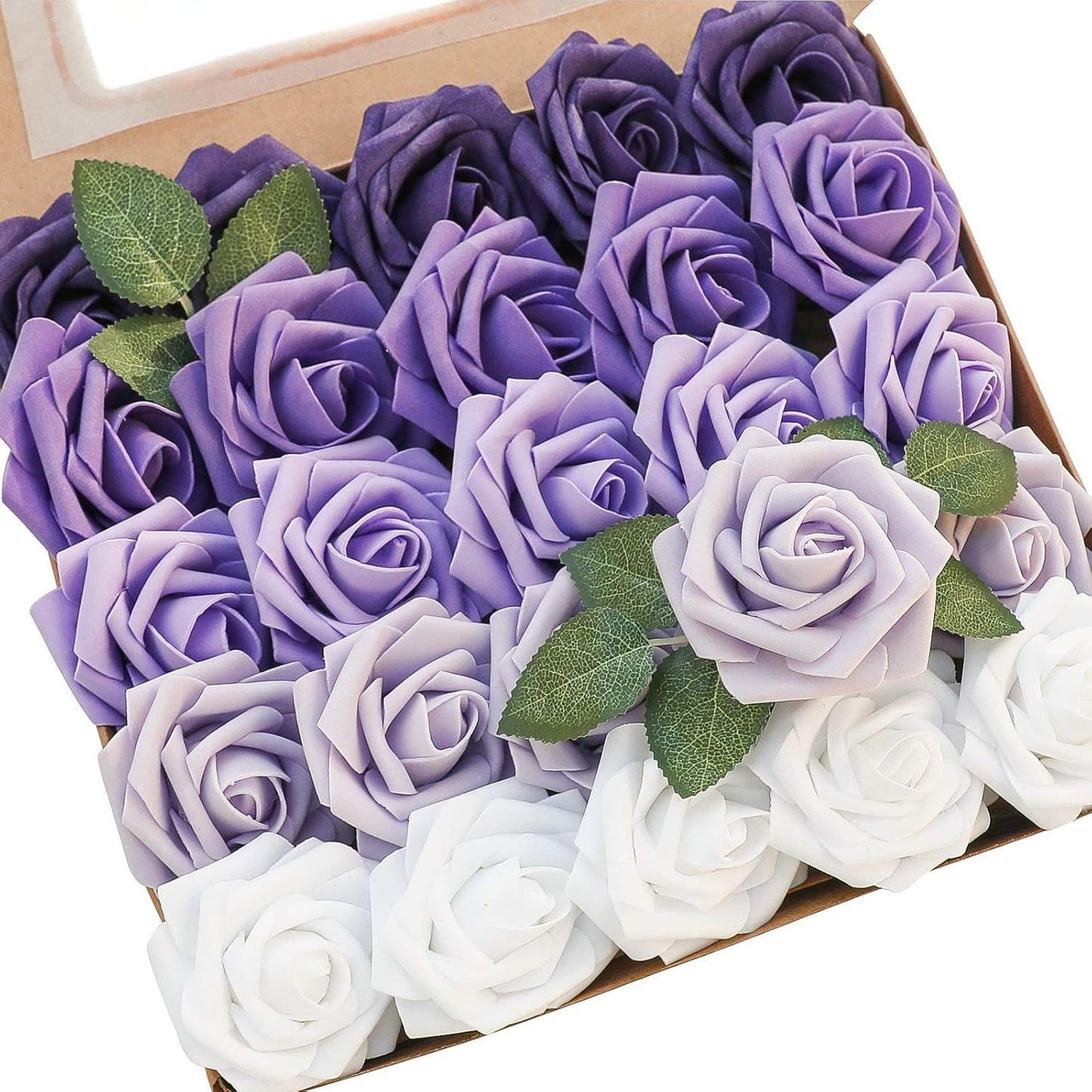 Floroom Artificial Flowers 25pcs Real Looking Violet Purple Ombre Colors Foam Fake Roses with Stems for DIY Wedding Bouquets Bridal Shower Centerpieces Party Tables Home Decorations