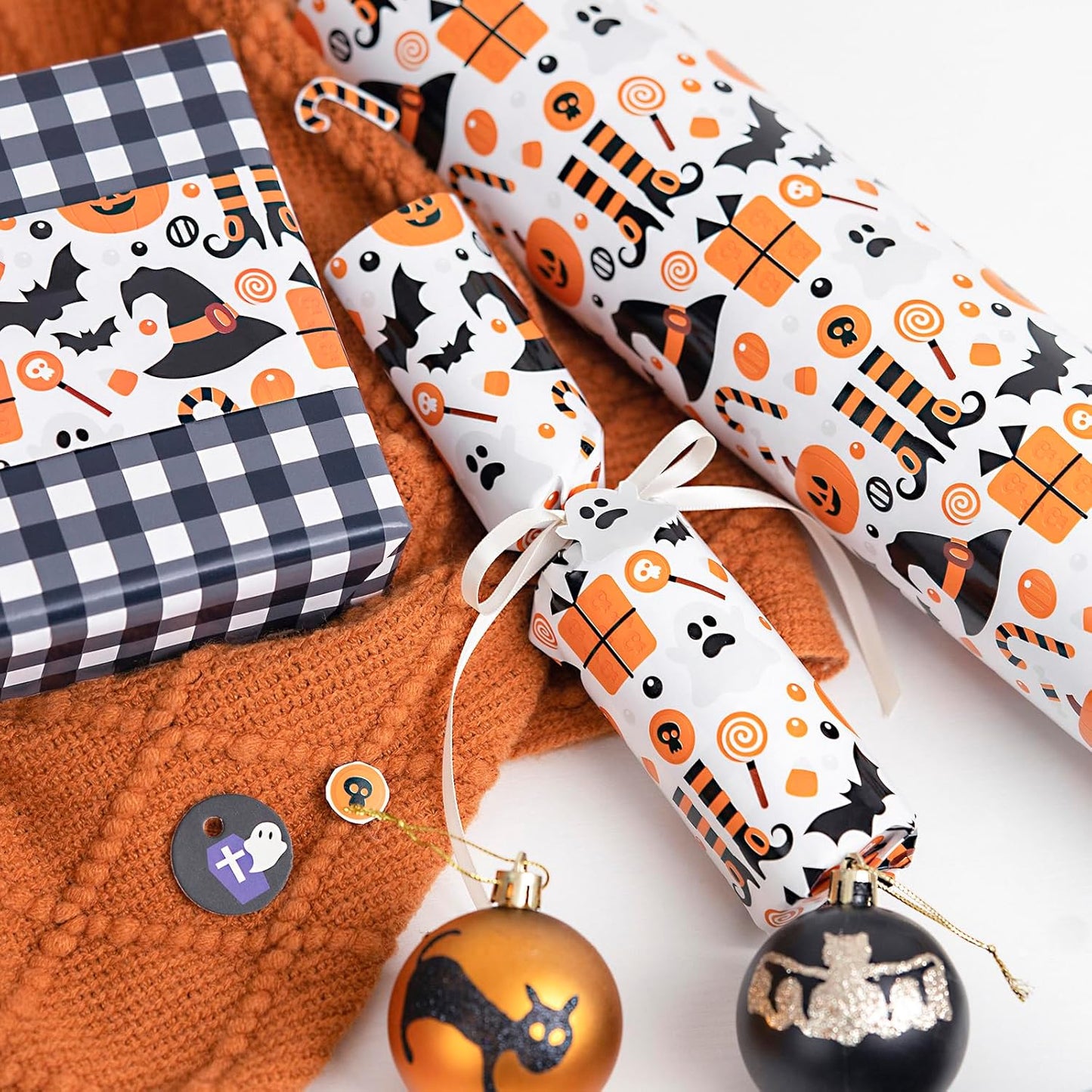 LeZakaa Halloween Wrapping Paper, Cute Pumpkin Witch Bat Candy Print, Buffalo Black White Plaid Reversible Design for Halloween, Nightmare before Christmas Holiday, Party, 17 inches x 32.8 Feet