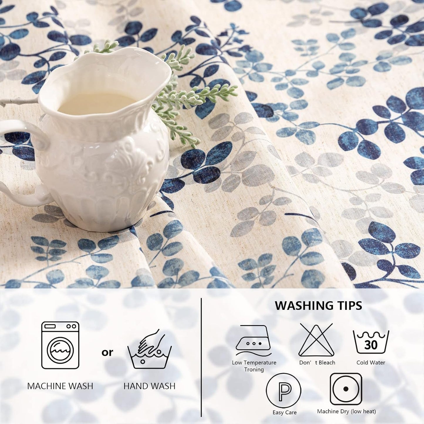 MYSKY HOME Floral Print Rectangle Tablecloth Waterproof Rectangular Table Cloth Linen Farmhouse Tablecloth for Kitchen Dining Spring Leaves Tablecloth for 8 Feet Table，60 x 120 Inches, Blue