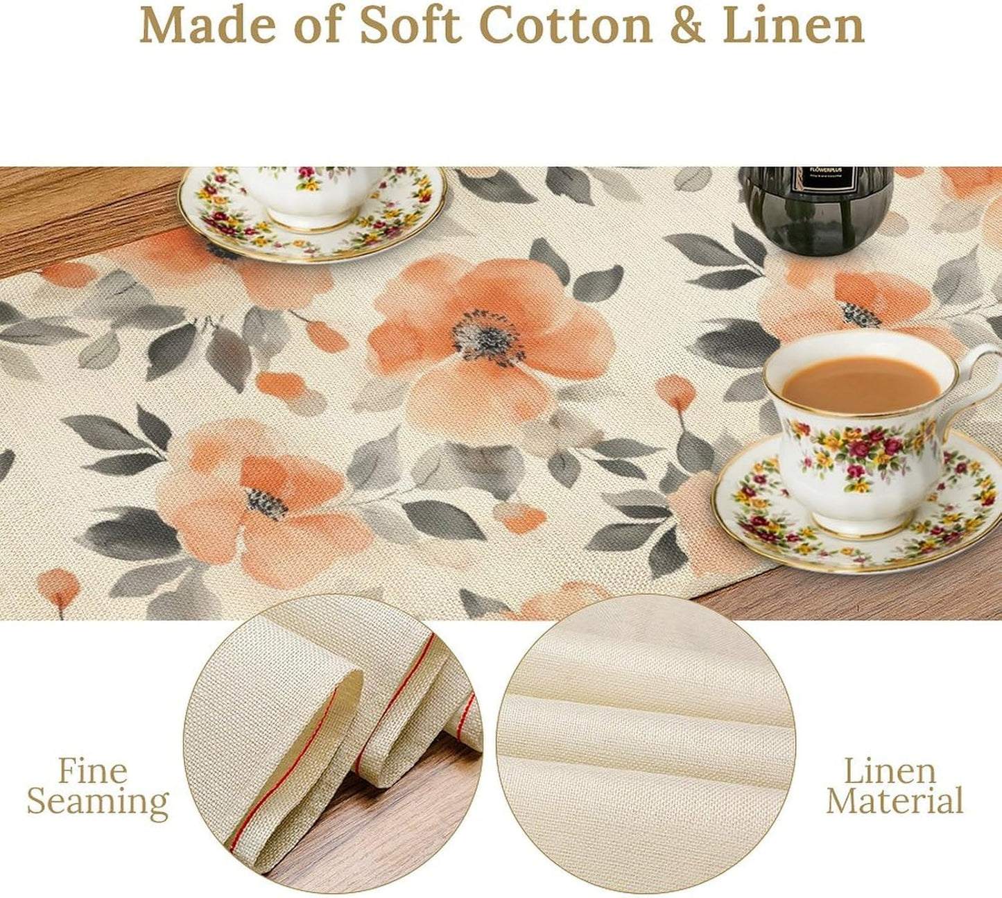 Floral Fall Table Runner, Rustic Watercolor Orange Flowers Seasonal Summer Autumn Table Runner for Kitchen Dinning Table Runner Decor Home Wedding Party Holiday, 13x108 Inch