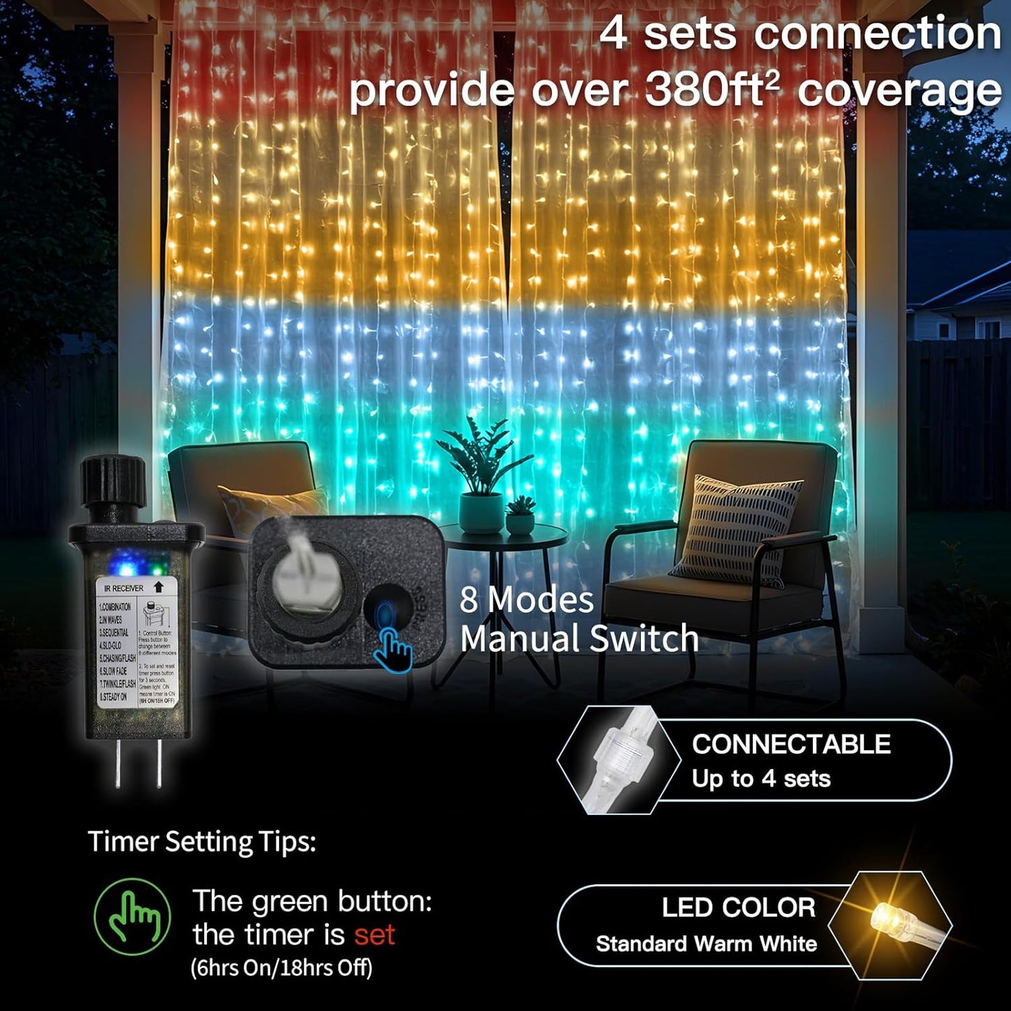 suddus Curtain Lights, 300 Led 9.8 * 9.8ft Sunset Curtain Fairy Lights, Hanging Lights for Bedroom, Backdrop, Room Decor, Wall, Window, Party, Tapestry, Multicolor