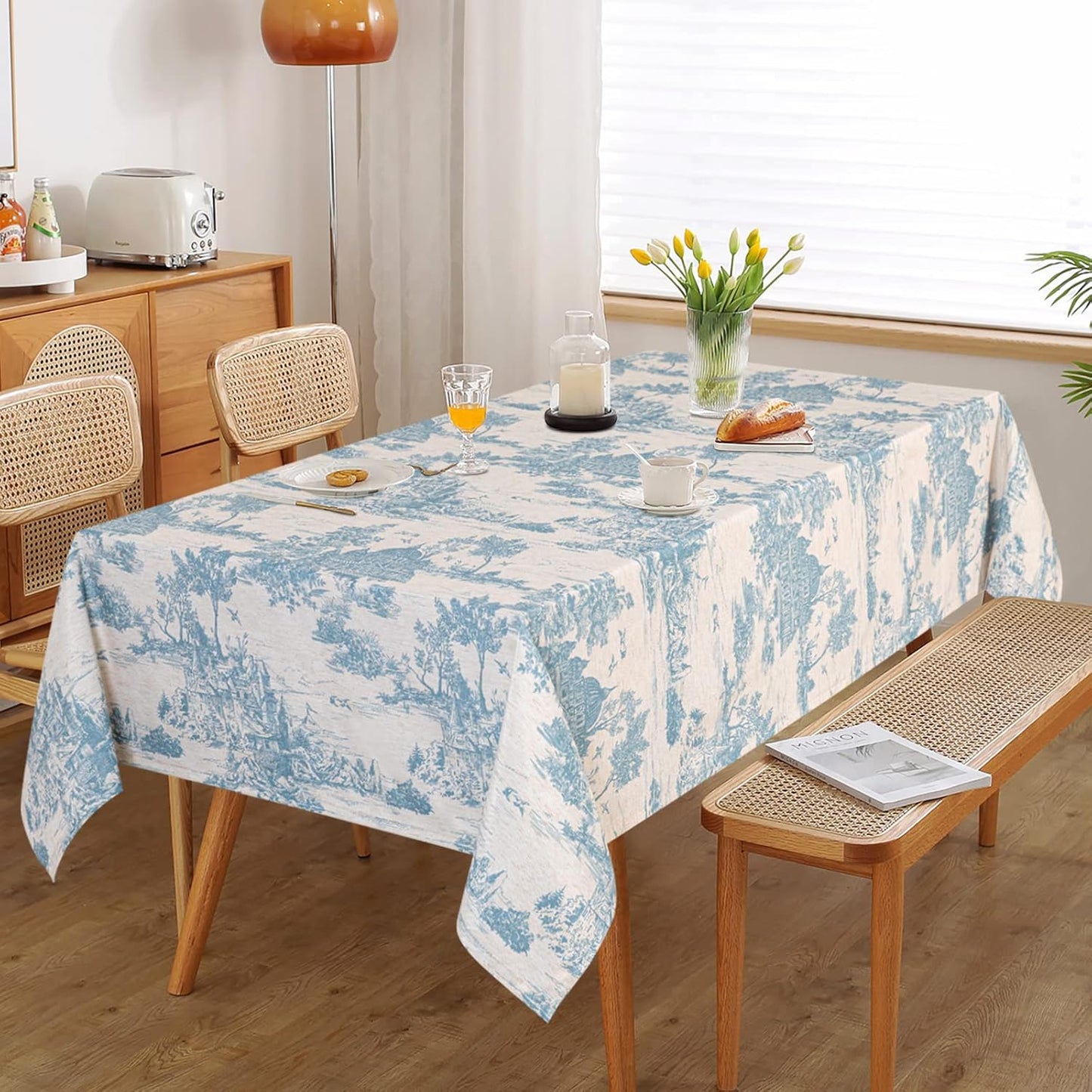 MYSKY HOME Linen Vintage Rectangle Tablecloth 60x84 Inches, Blue Castle Print Table Cloth for Dining Table I Tabletop I Parties/Outdoor I Spring/Summer Waterproof Fabric Farmhouse Tablecloth