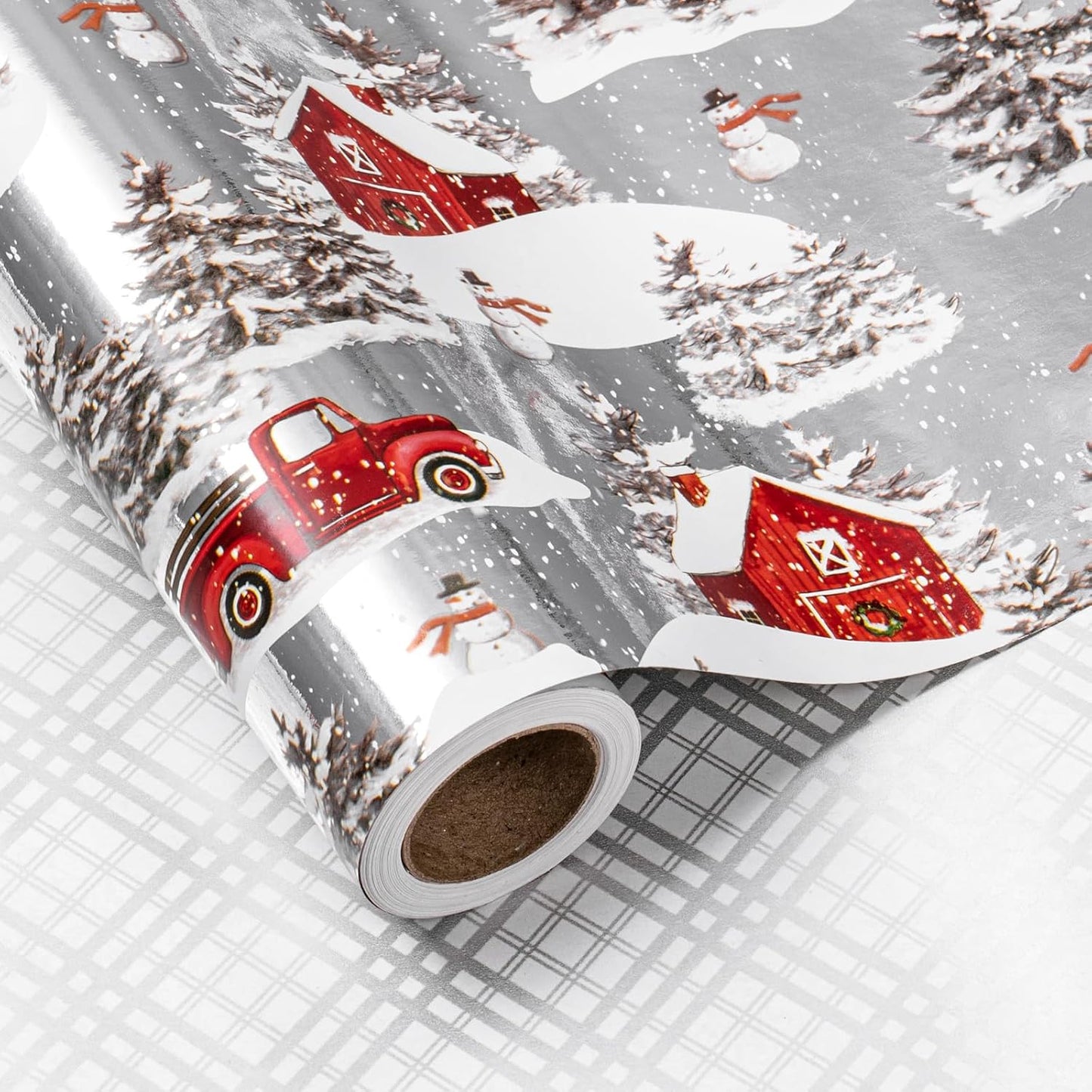LeZakaa Christmas Silver Wrapping Paper Jumbo Roll for Boy Kid, Red Truck, Snowy Pine Forest & Grid Plaid, Silver Foil Reversible Design for Winter Holiday Family Gathering, 30 inches x 32.8 Feet