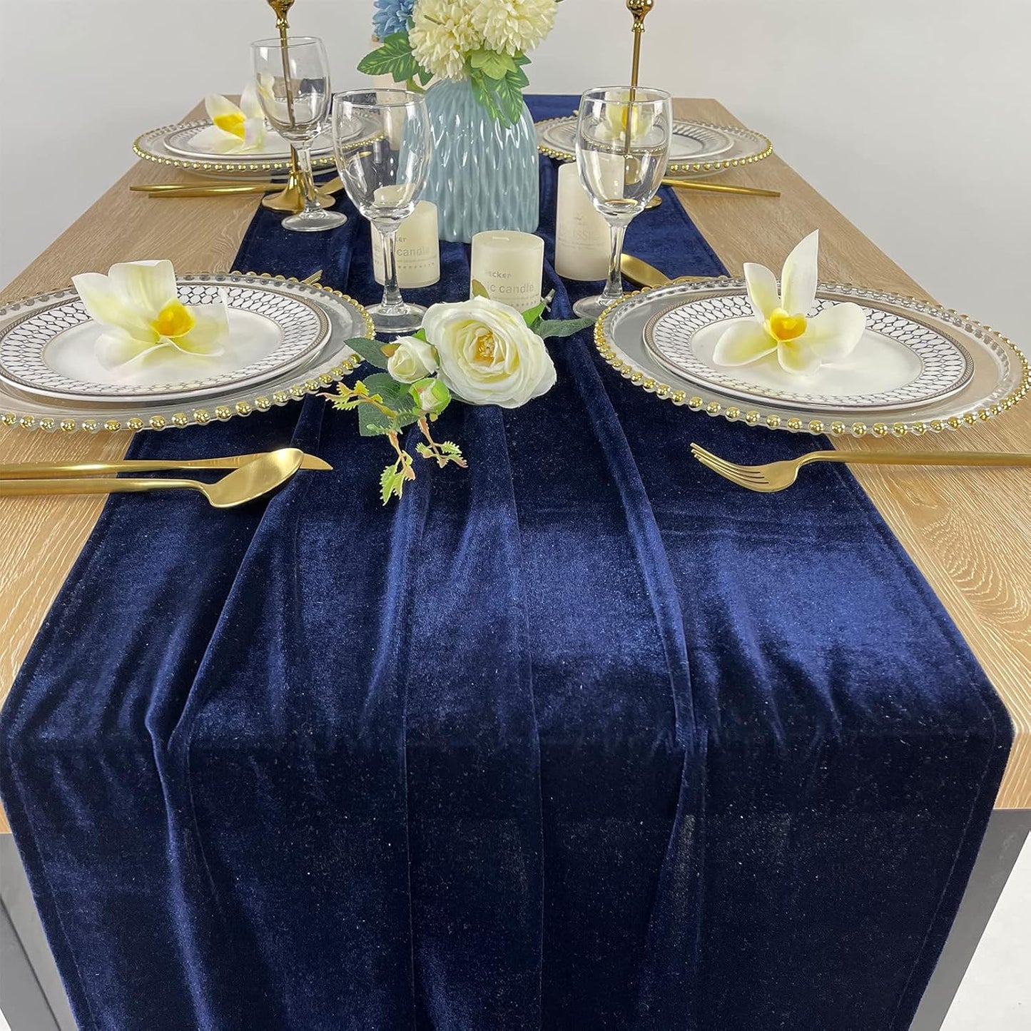 Luxurious Velvet Table Runner, 10ft Wedding Reception Decorations, 20x120inch Soft Velvet Fabric, Table Linen Overlay, Wedding Table Runners (Navy Blue, 20X120inch)