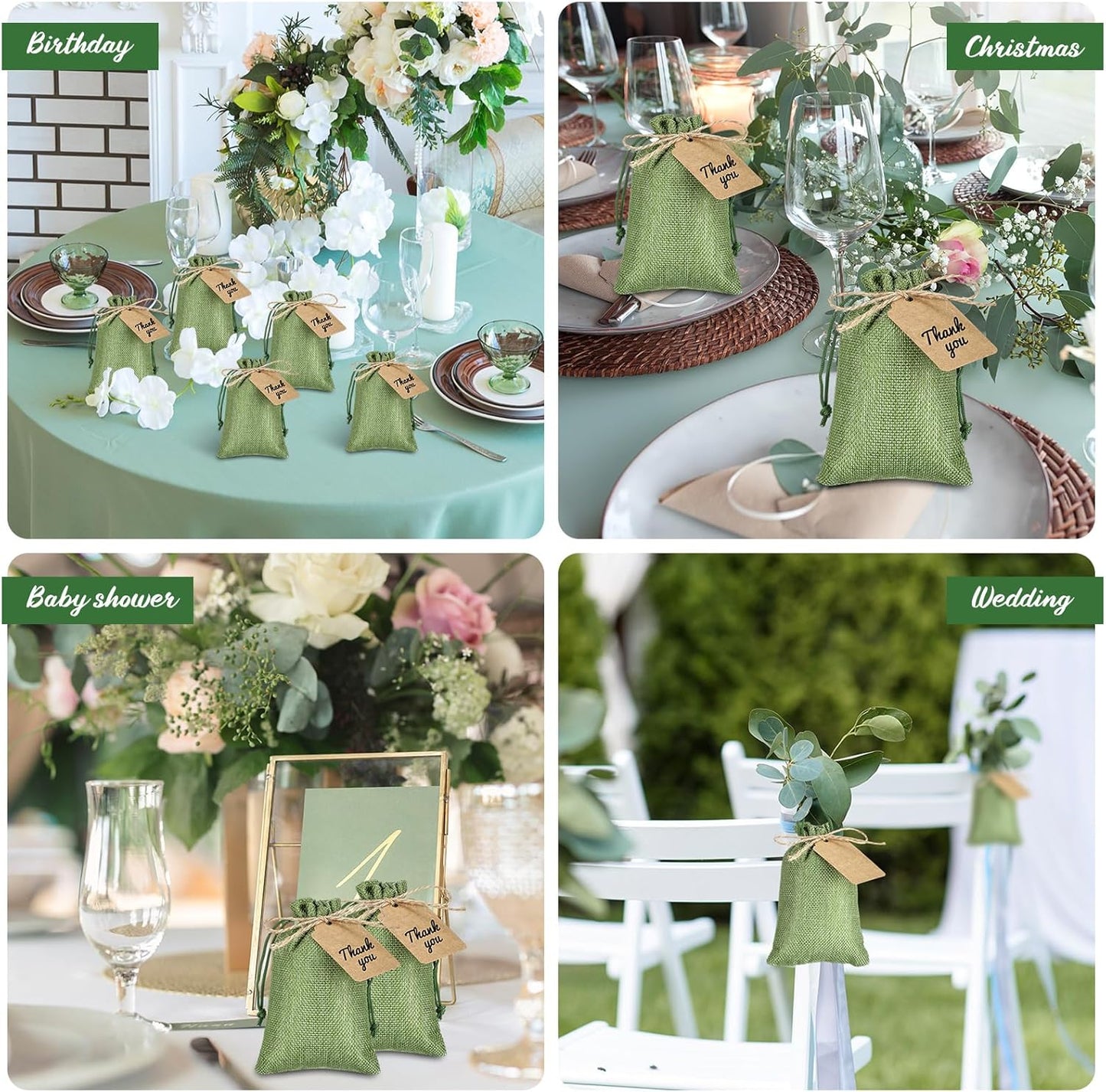 Woanger 100 Pcs Burlap Gift Bags with 100 Pcs Kraft Paper Gift Tags Drawstring Favor Bulk Burlap Sack Bags for DIY Wedding Party Craft (4 x 6 Inch,Army Green)