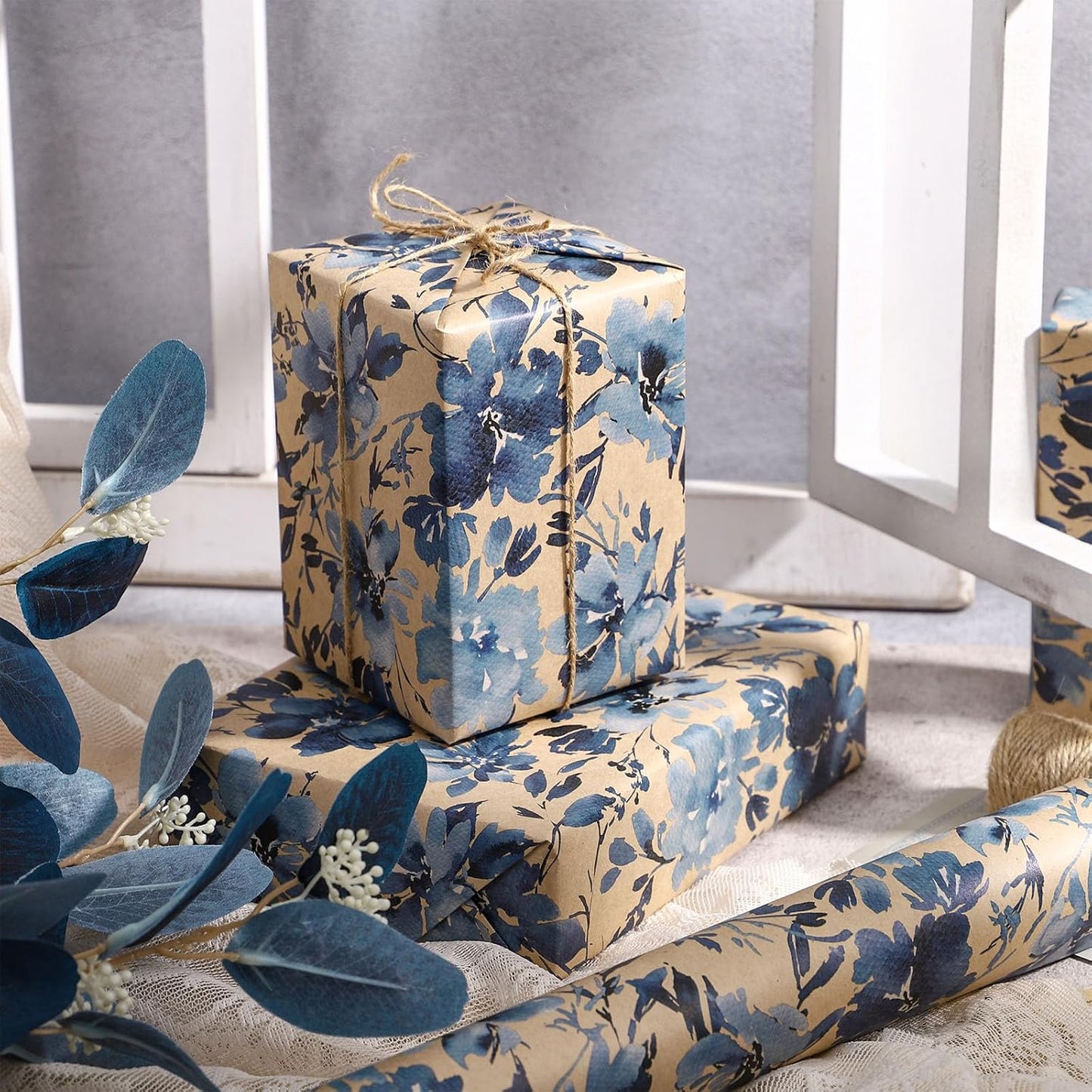 RUSPEPA Blue Floral Wrapping Paper Roll, 17 in x 16.4 ft, Mini Roll, Indigo Gift Wrap, Watercolor Flower Kraft Wrapping Paper Roll for Girls, Women, Spring, Wedding and Birthday