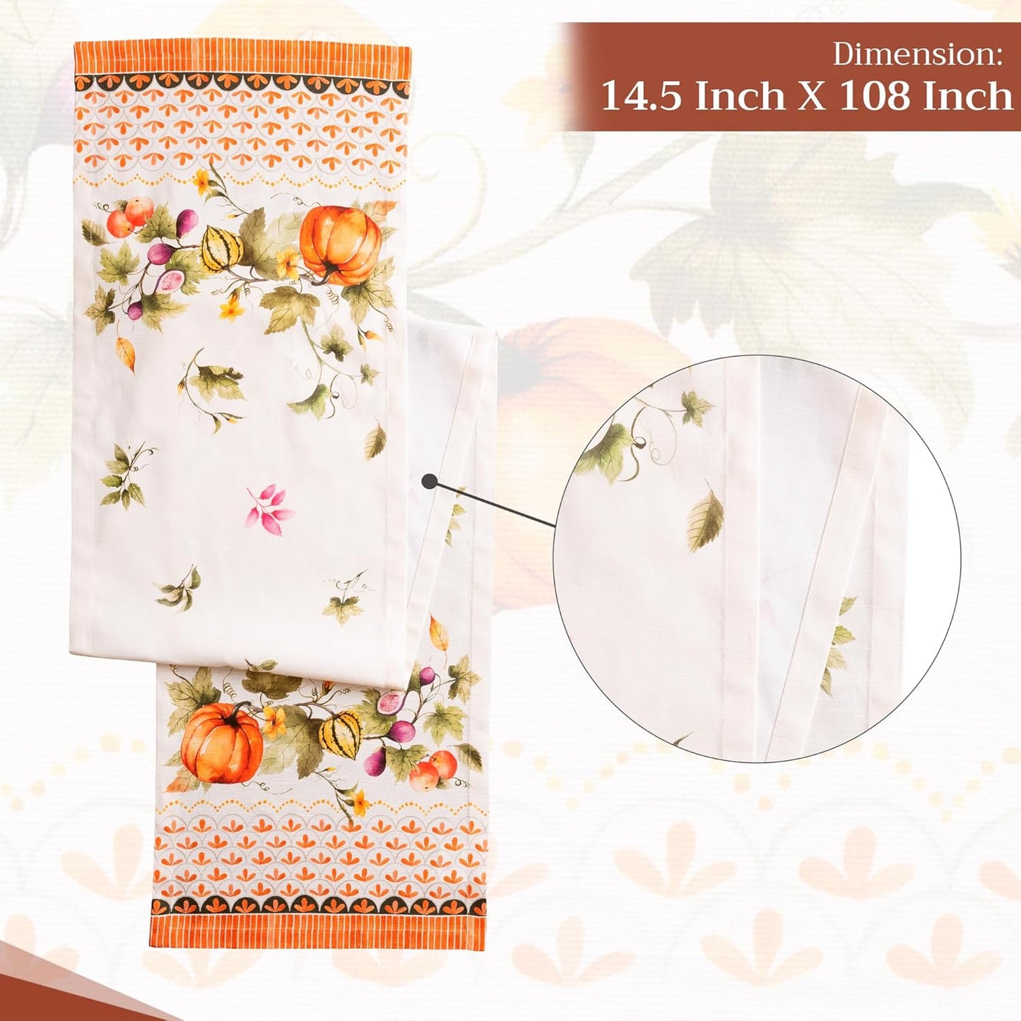Maison d' Hermine Table Runner 100% Cotton Single Layer Table Runners 108 inches Long for Thanksgiving Christmas Decorations Home Kitchen Dining Wedding (Pumpkin Garden - Cloudy Cream, 14.5" x 108")