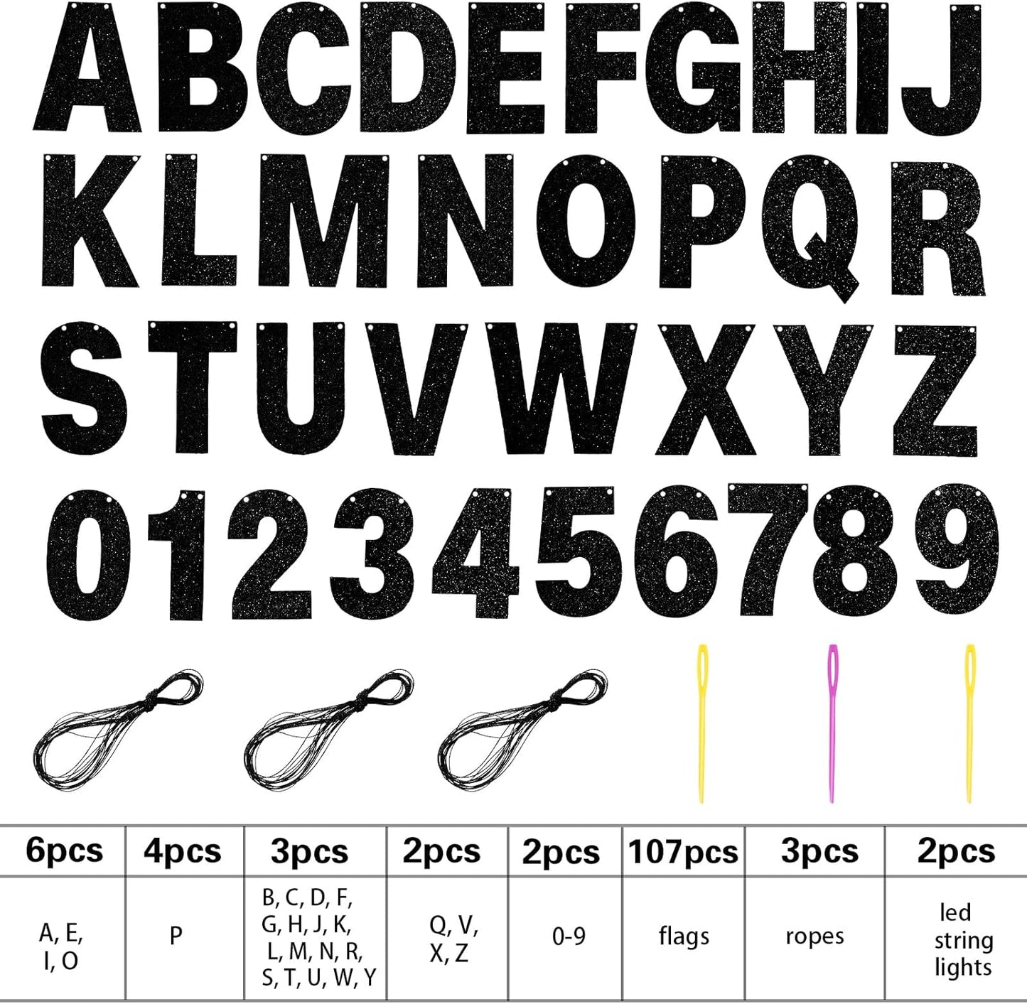 TaoBary 112 Pcs DIY Letter Custom Banner Glitter Customizable Banner Kit Including 107 Letters and Numbers 3 Rope for Valentine Birthday Party(Black)