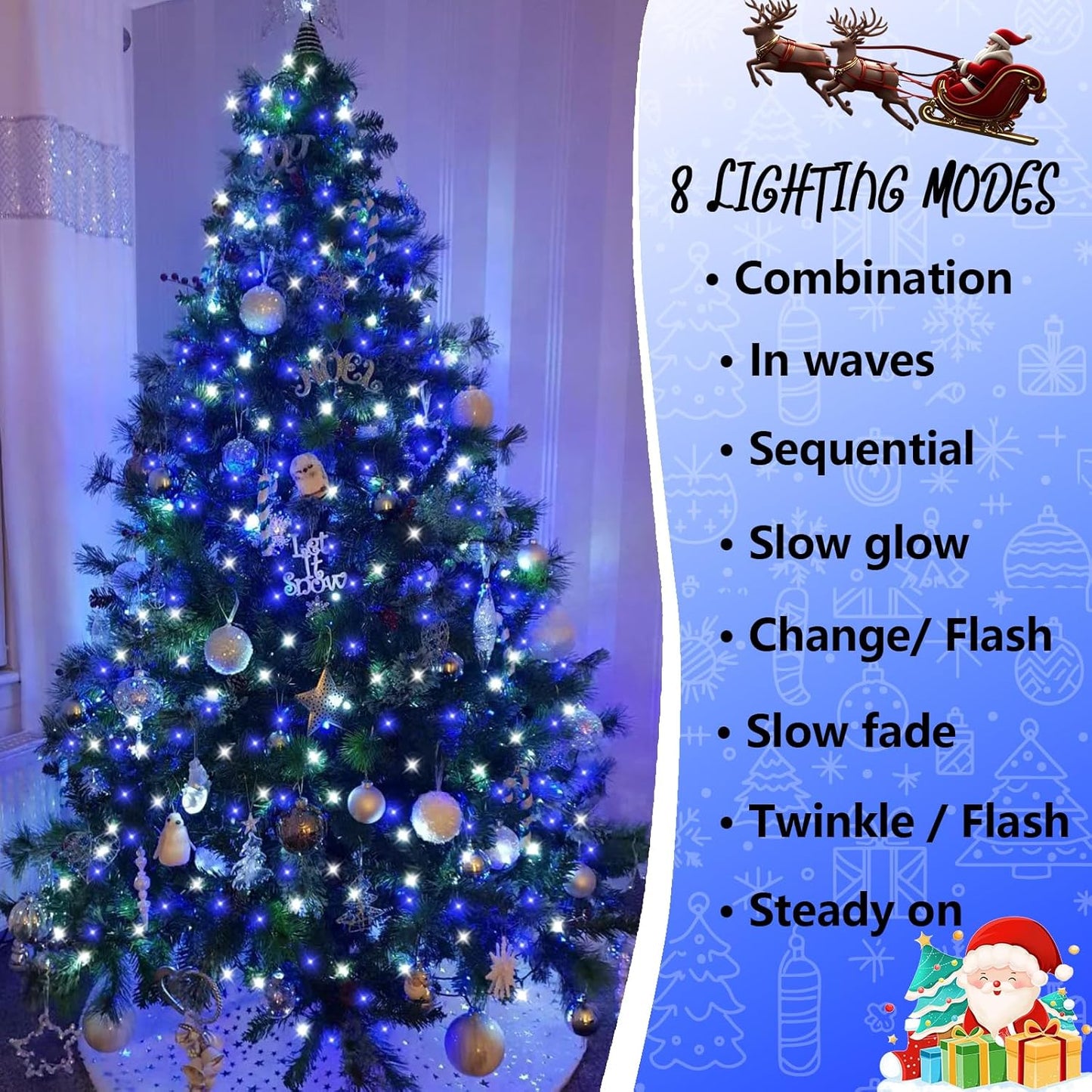 YEGUO 165ft 500 LED Christmas Lights Outdoor Waterproof, Blue and White String Light Indoor, 8 Modes Green Wire Twinkle Tree Lights Plug in with Memory Timer
