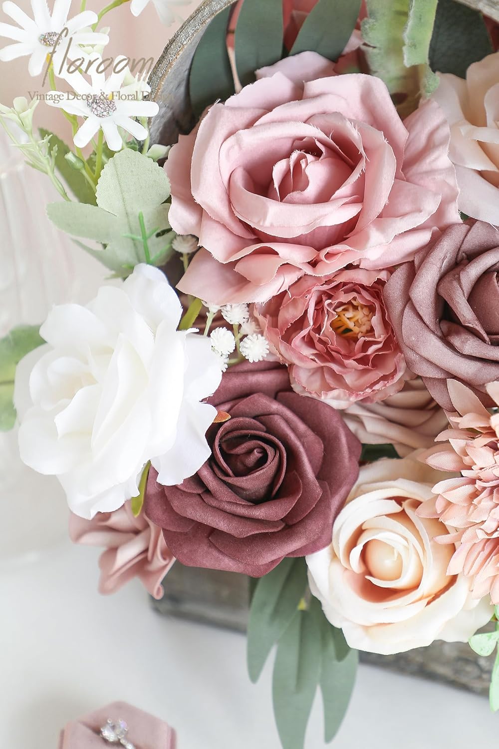 Floroom Dusty Rose Mauve Artificial Flowers Fake Roses Peony and Greenery Combo Box Set for DIY Wedding Bouquets Bridal Shower Centerpieces Floral Arrangements Party Tables Home Decorations