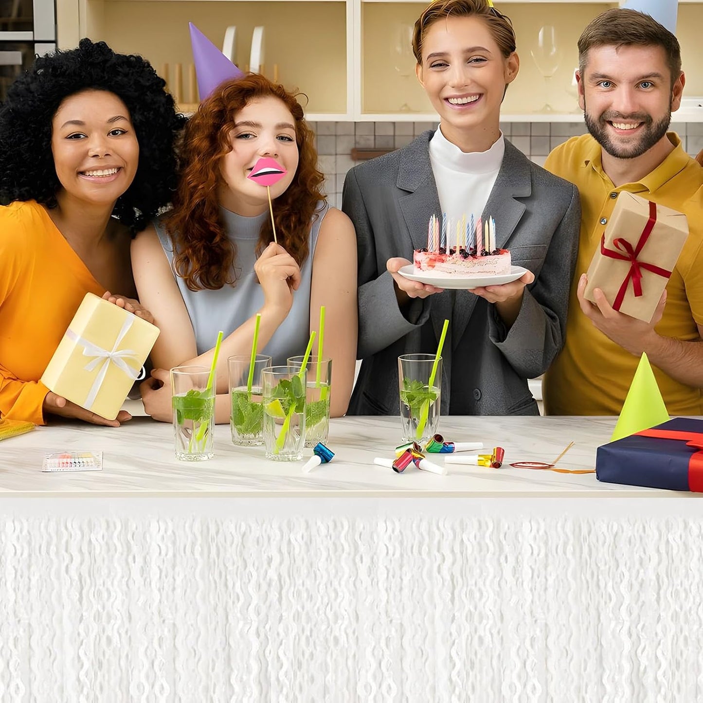 6 Pack 29x108 Inch Macaron White Wave Foil Fringe Table Skirts Metallic Banner for Tinsel Streamer Garland Backdrop for Parade Floats Wedding, Mother's Day, Birthday Mardi Gras Party Decorations