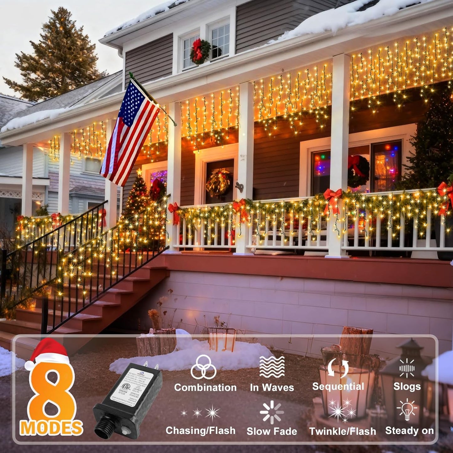 KNONEW 33FT 400 LED Christmas Lights Outdoor Black Wire String Lights with 75 Drops, 8 Lighting Modes, Timer Memory Function Connectable Hanging Curtain Lights for Halloween Party Decor (Warm White)