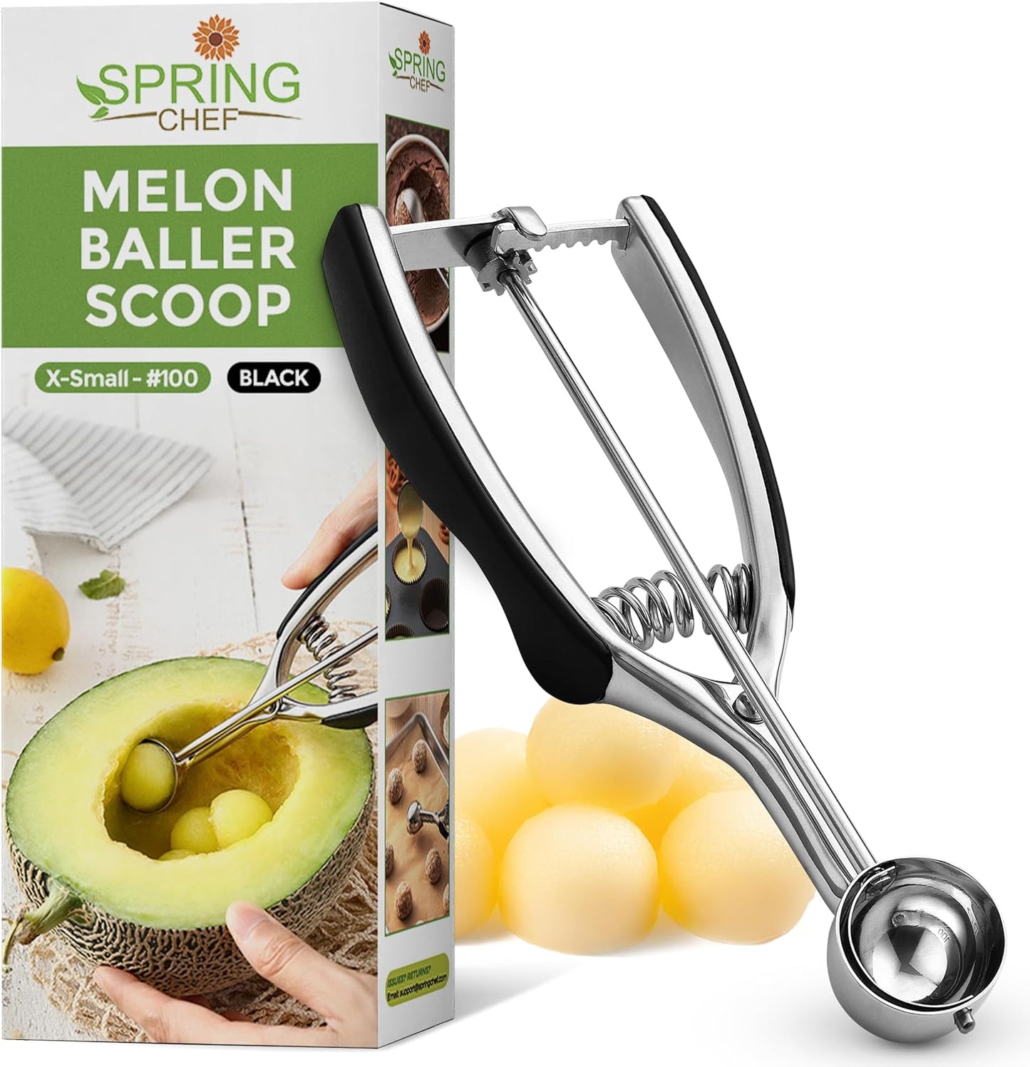 Spring Chef Extra Small Cookie Scoop, Stainless Steel Melon Baller, Baking Scooper, Spring Loaded Trigger for Cookie Dough, Ice Cream, Meatball, Cupcake - 0.6 tablespoon (tbsp) portion, #100, Black