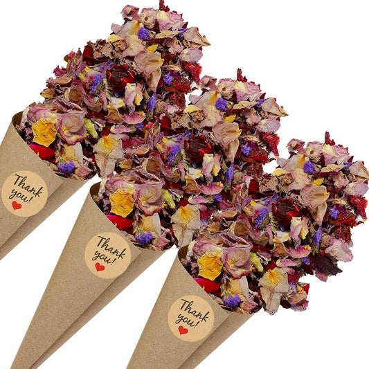 PATIKIL Dried Flower Confetti Cones, 30Pcs Paper Tapers Cone Holder with Dried Rose Petals / Sticker for Wedding Party Engagement Birthday DIY Decoration, Purple