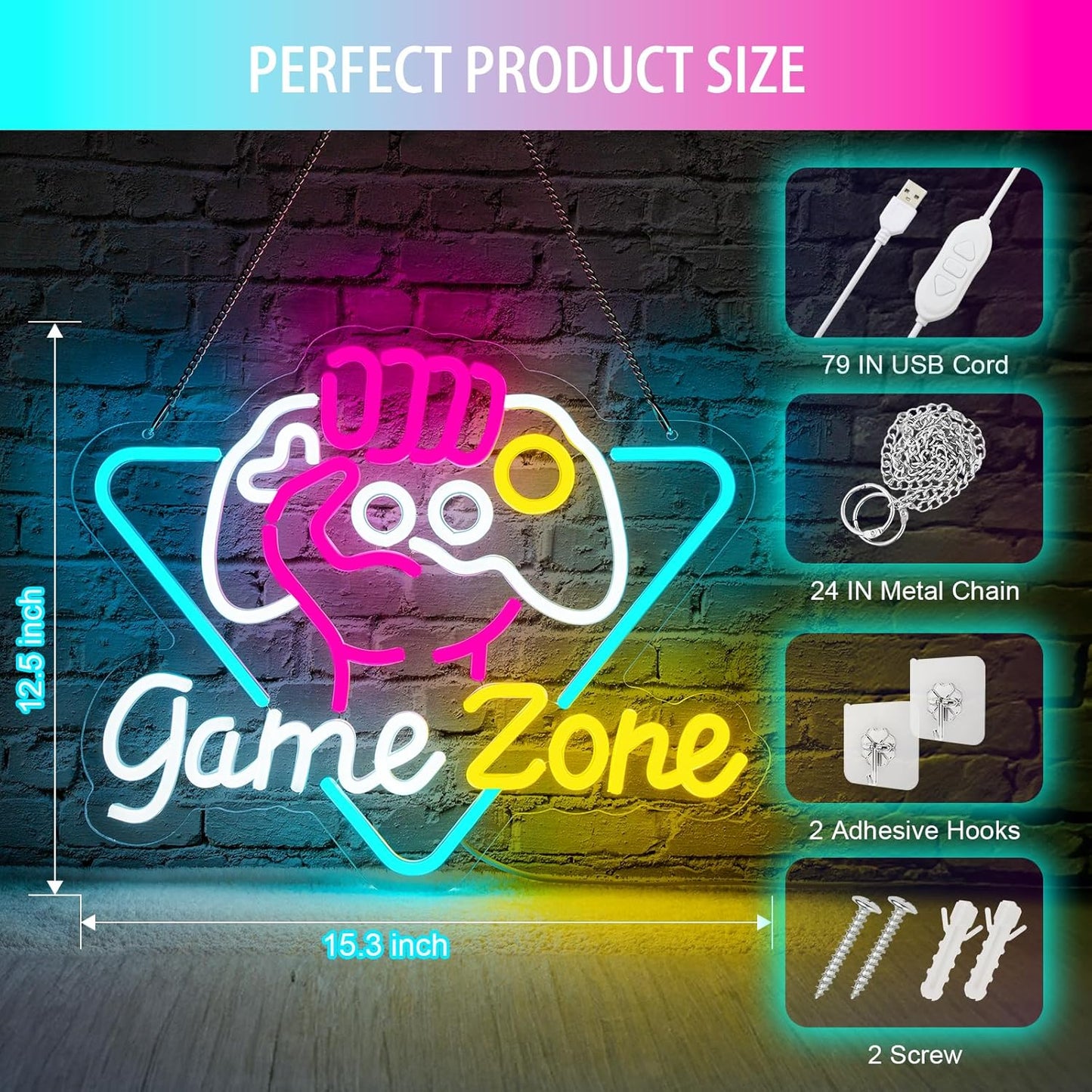 Game Zone Neon Sign Dimmable Gamer Neon Signs Gaming Led Signs for Game Room, USB Powered Colorful Neon Gaming Signs for Boys Room, Teen Room, Gifts for Gamer(15.3”x12.5”)