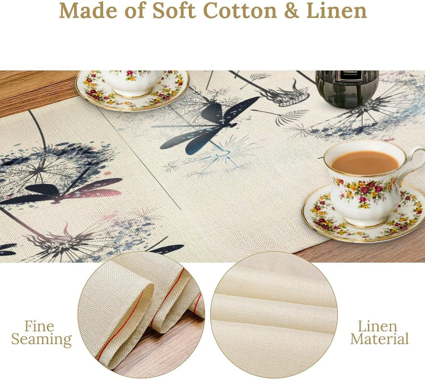 Dandelion Table Runner,Nature Rustic Dragonfly Teal Blue Floral Pattern Print Burlap Tablecloth for Hotel Indoors Outdoor Dining Room Kitchen Table Decor, 13x70in