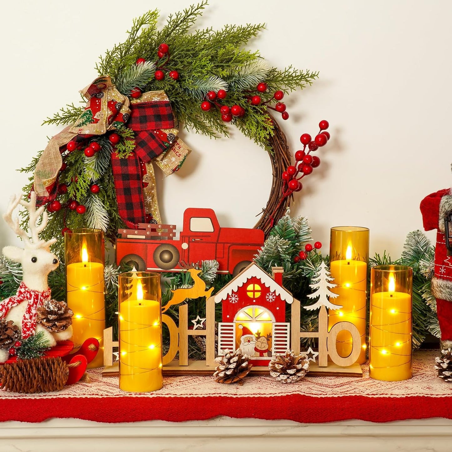 Homemory Flameless Candles with Embedded Star String Fairy Lights, Battery Operated Candles with Remote Control and Timer, Flickering LED Candle for Fall Pumpkin Decorations, Amber Gold, Set of 9