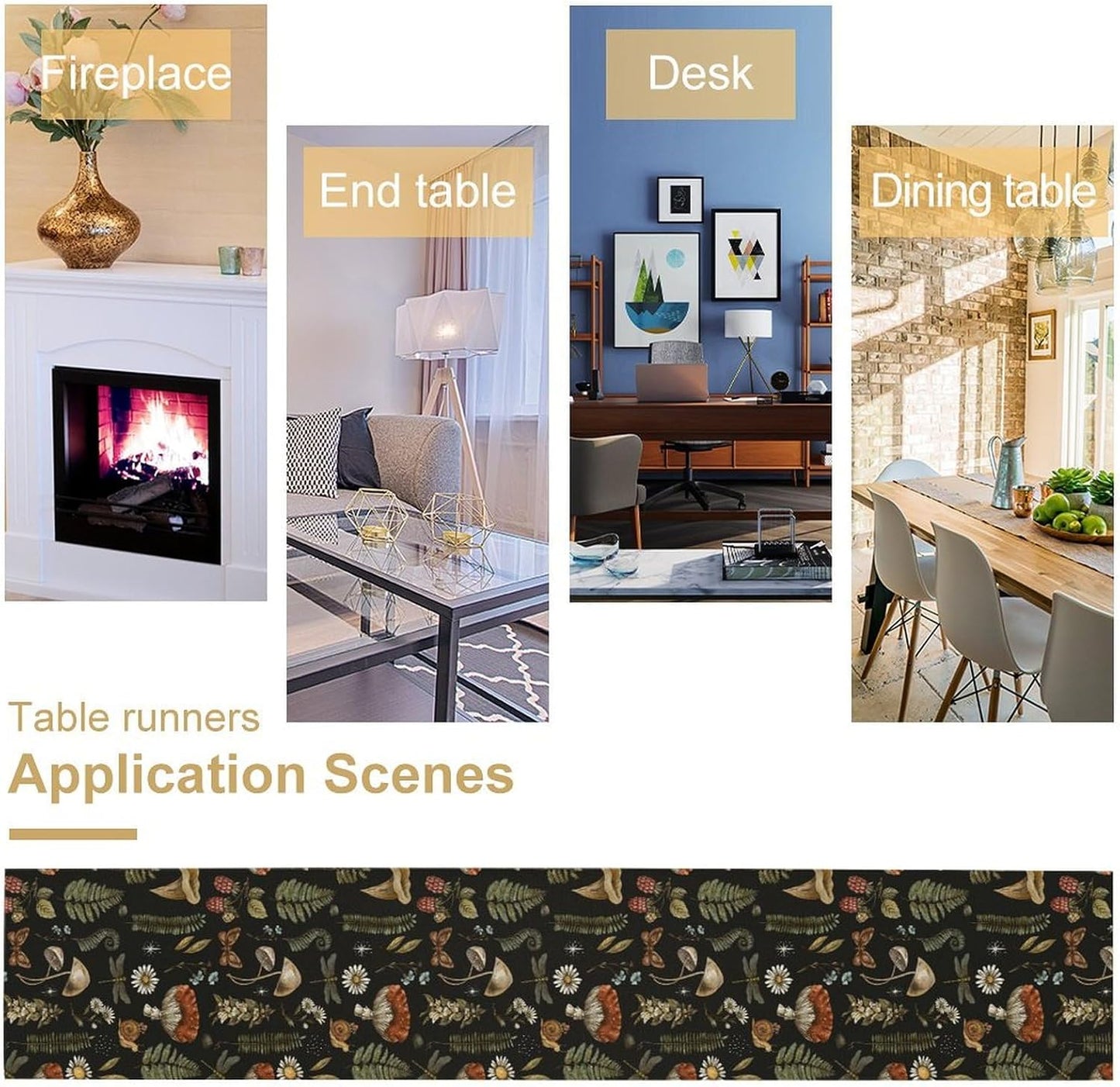 Mushroom Table Runner,Retro Forest Plant Table Runner for Kitchen Dining Table Home Party Decoration 13x120 Inch