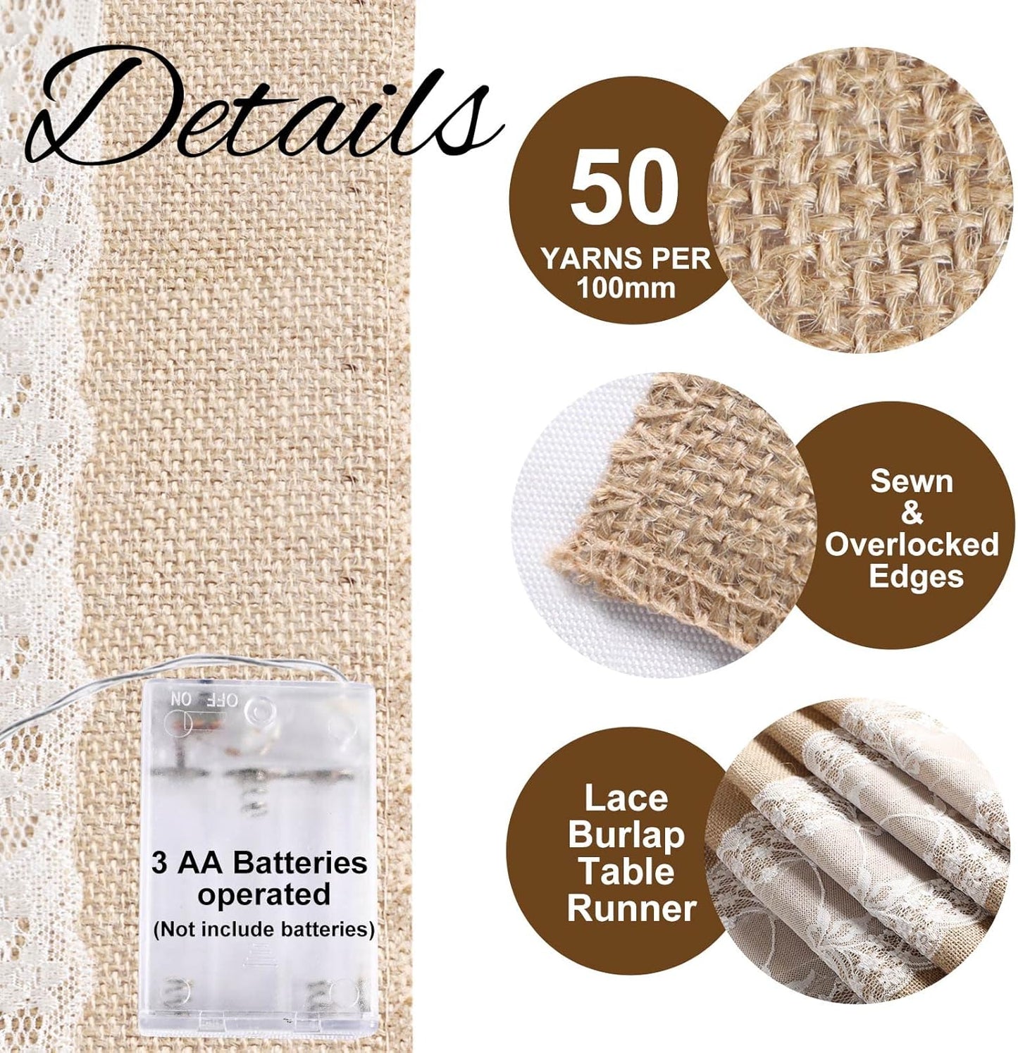 Burlap Table Runner with LED String Lights Rustic 12" x 108" Christmas Tablecloth Lighted Table Runner Farmhouse Decor for Wedding Bridal Shower Xmas Holiday (Pack of 2)