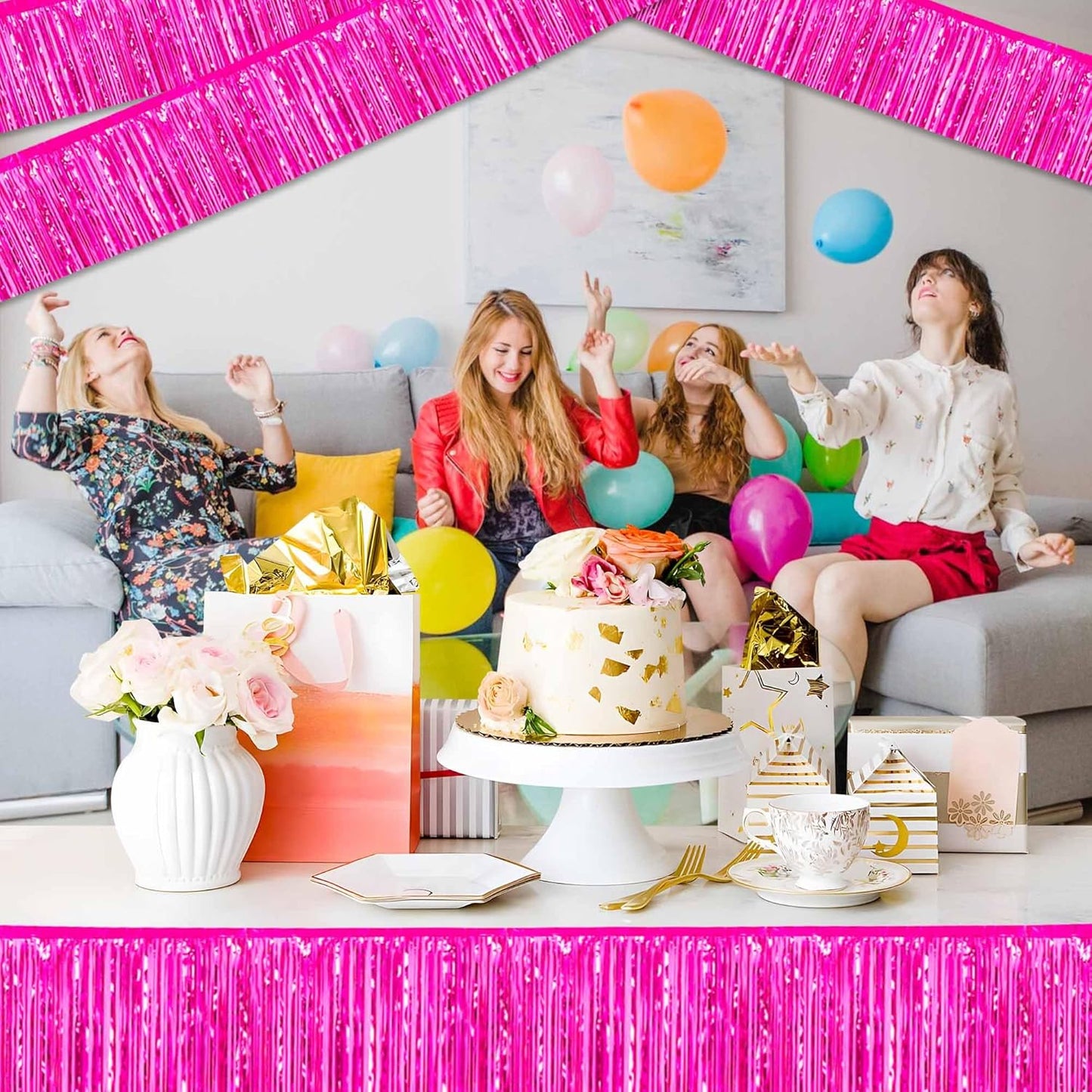 6 Pack 10 Ft Fuchsia Foil Fringe Garland Metallic Streamers Tinsel Banner Wall Hanging Garland Backdrop for Parade Floats, Halloween, Christmas, Thanksgiving, New Year Party Decorations