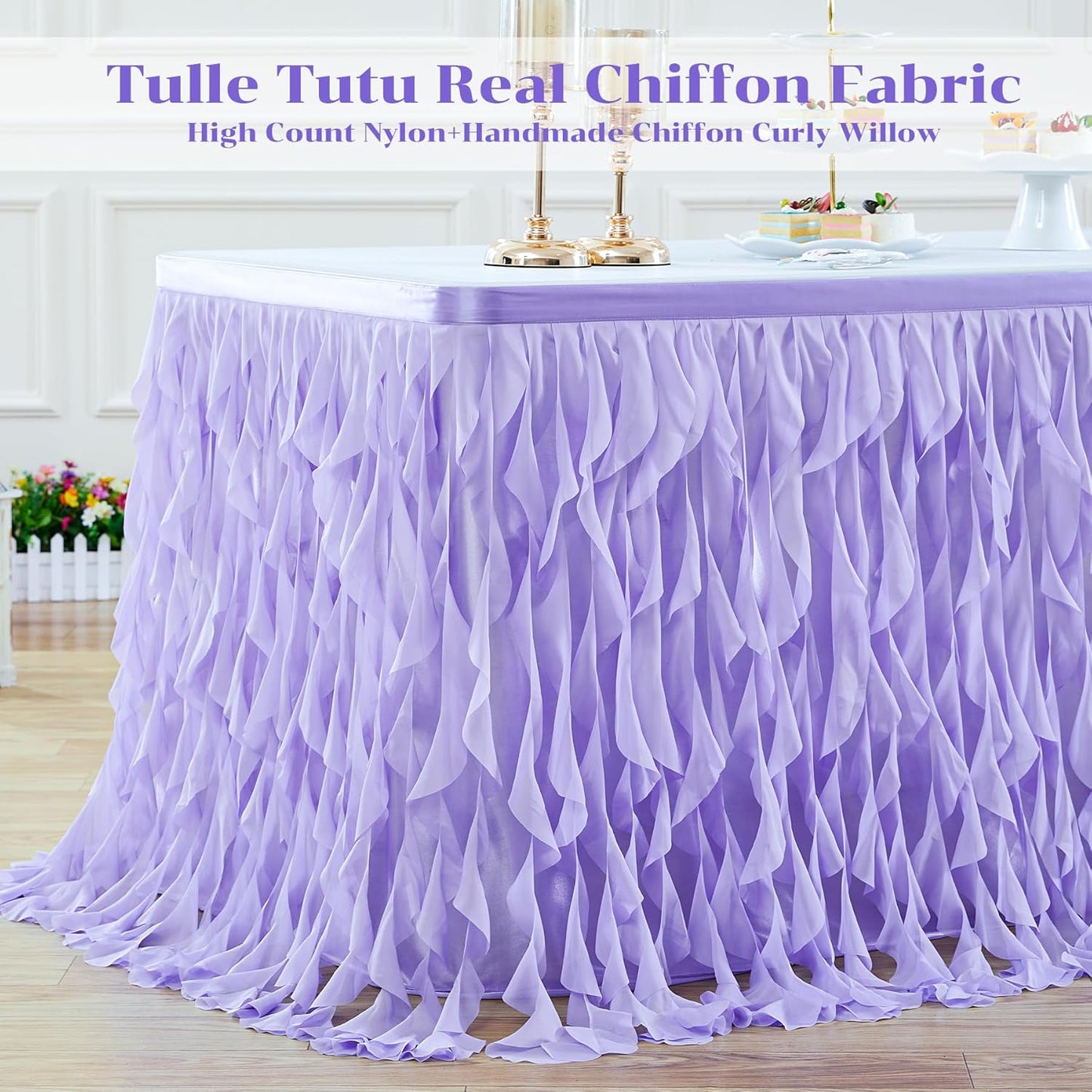 PARTISKY Lavender Purple Tulle Curly Willow Table Skirt for Rectangle Table 14ft, Ruffle Tutu Table Cloth for Girls Boys Baby Shower,Mermaid Birthday Party