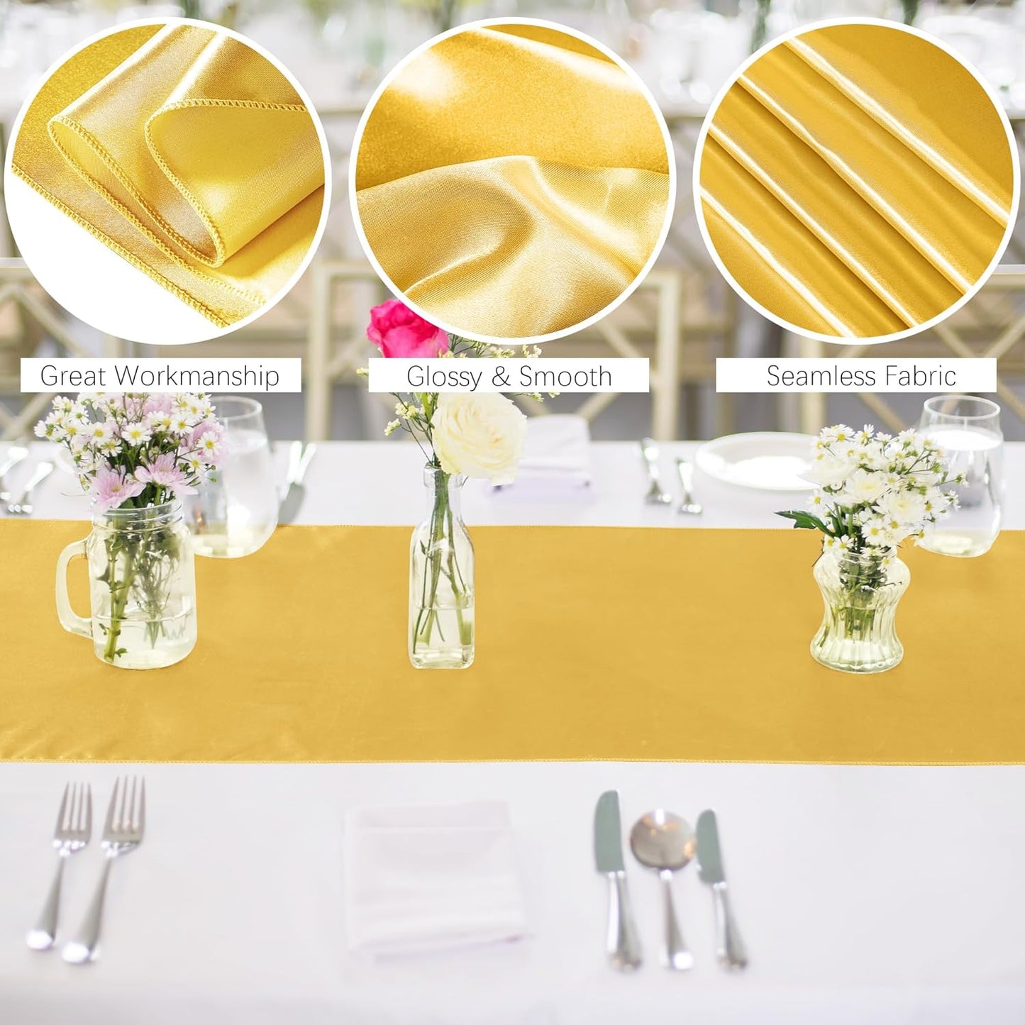 Aneco 16 Pack Satin Table Runner 12 x 108 Inch Gold Long Wedding Satin Silk Table Runner for Wedding Banquet Graduations Birthday Party Decoration