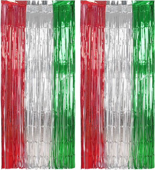 BRAVESHINE 2 Pack Fringe Backdrop Red Silver Green Christmas Party Decorations 3.2 x 6.6 ft Tinsel Foil Curtain Party Streamer Metallic Photo Backdrop for Christmas, New Year Decor