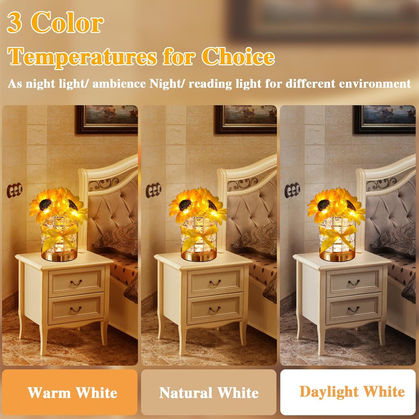 Birthday Gifts for Women/Mom Sunflower Cordless Table Lamp,3 Color Crystal Lamps Touch Bedside Lamps Infinitely Dimming with USB Charge Small Night Light,Nightstand Lamp for Bedroom (Round)