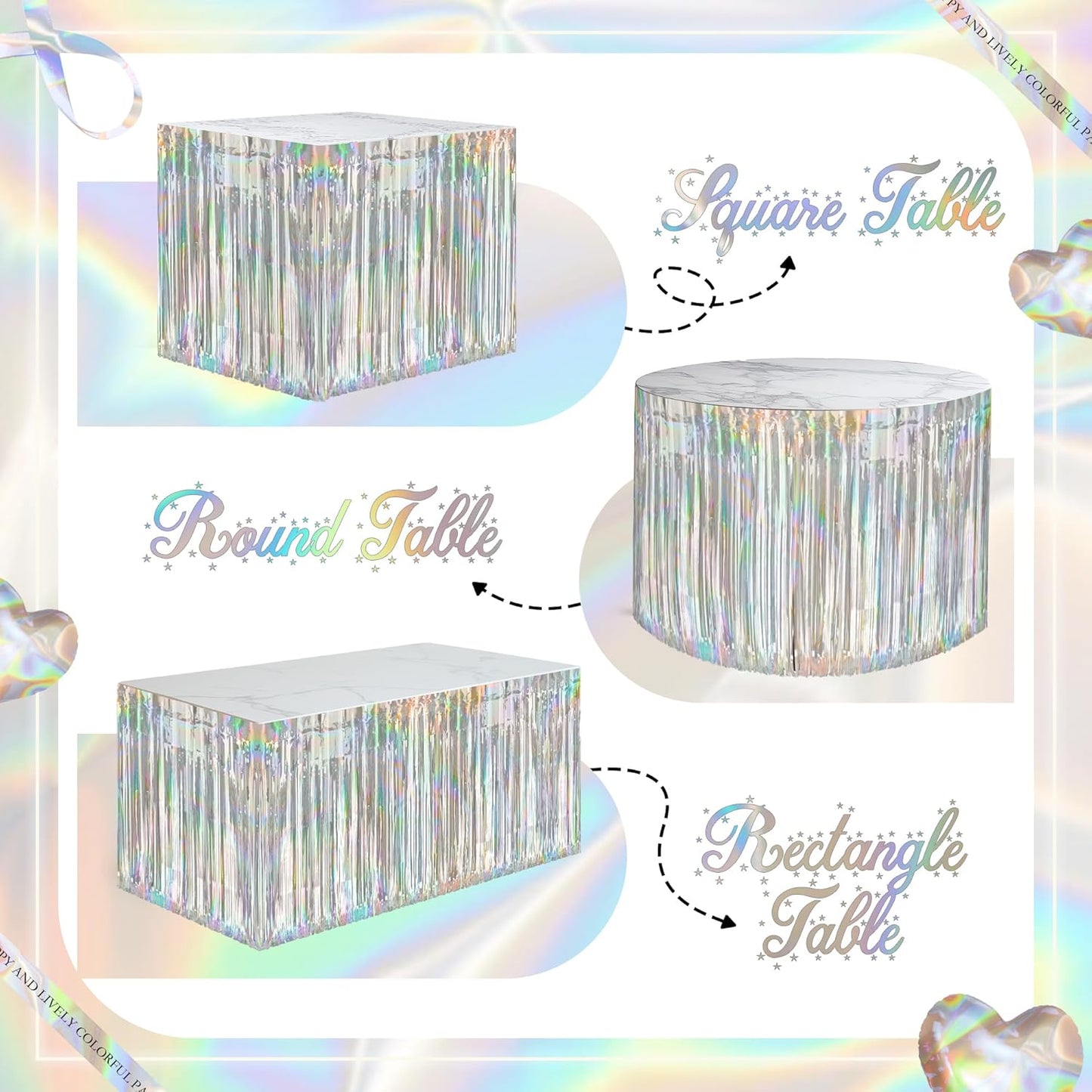 2 Pack Laser Silver Table Skirts, 29x108" Metallic Foil Tinsel Fringe Table Skirts for Rectangle Tables Streamer Curtains Backdrop, Party Decorations for Birthdays Weddings Holidays