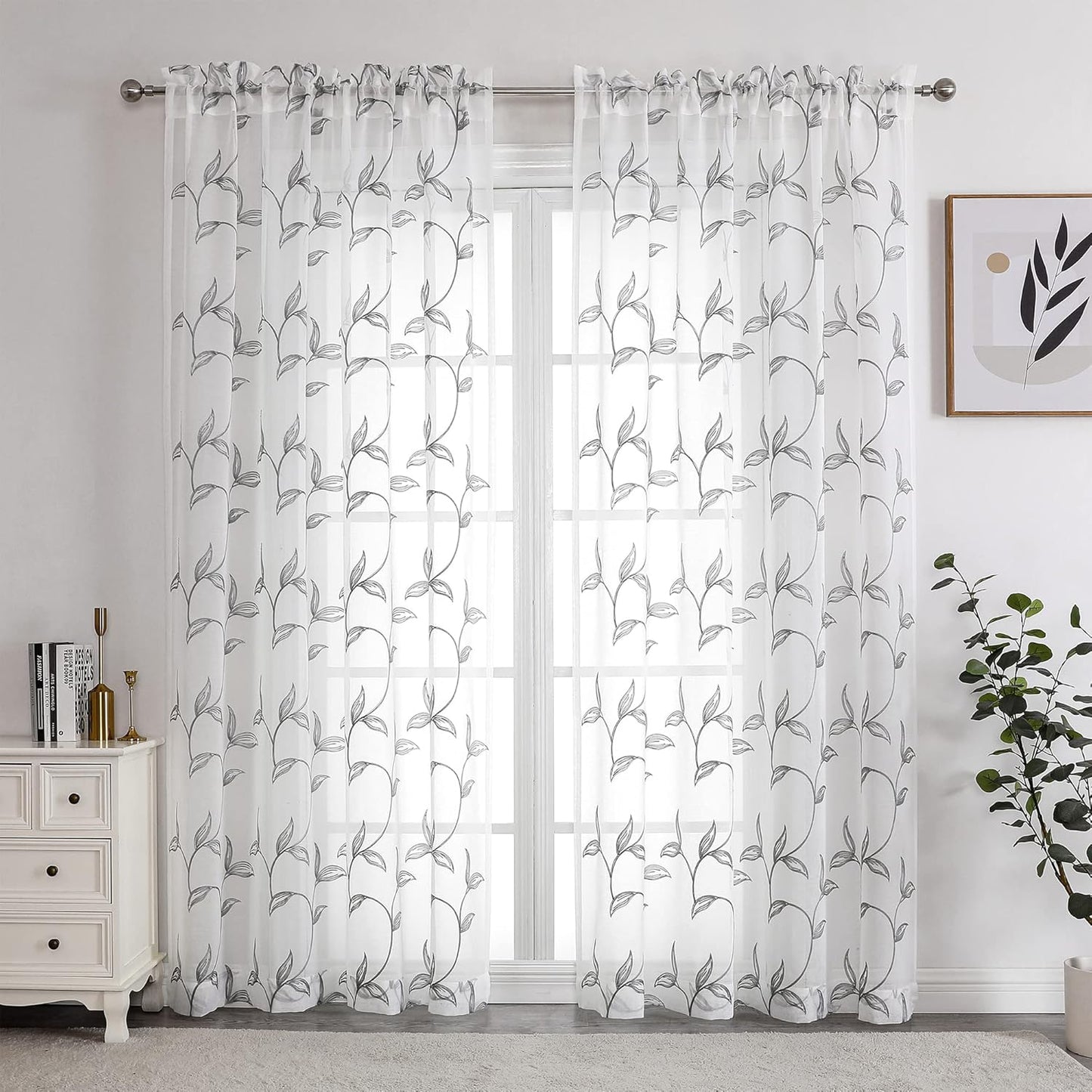 VISIONTEX Sheer Curtains 84 Inch Length 2 Panels, Decor Iron Grey Vine Leaves Embroidery on White Voile Pair, Accent Semi Window Drapes for Kitchen, Living Room and Bedroom, 54" W x 84" L