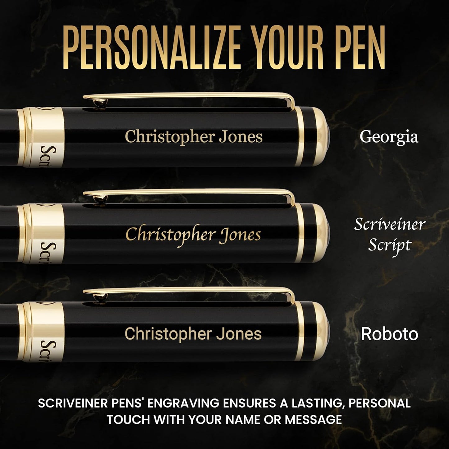 Scriveiner Personalized Black Fountain Pen - Stunning Luxury Pen, Jet Black Lacquer, Real Gold Plating, German Schmidt Nib (Medium), Best Engraved Gift Set for Men & Women, Name Engraving