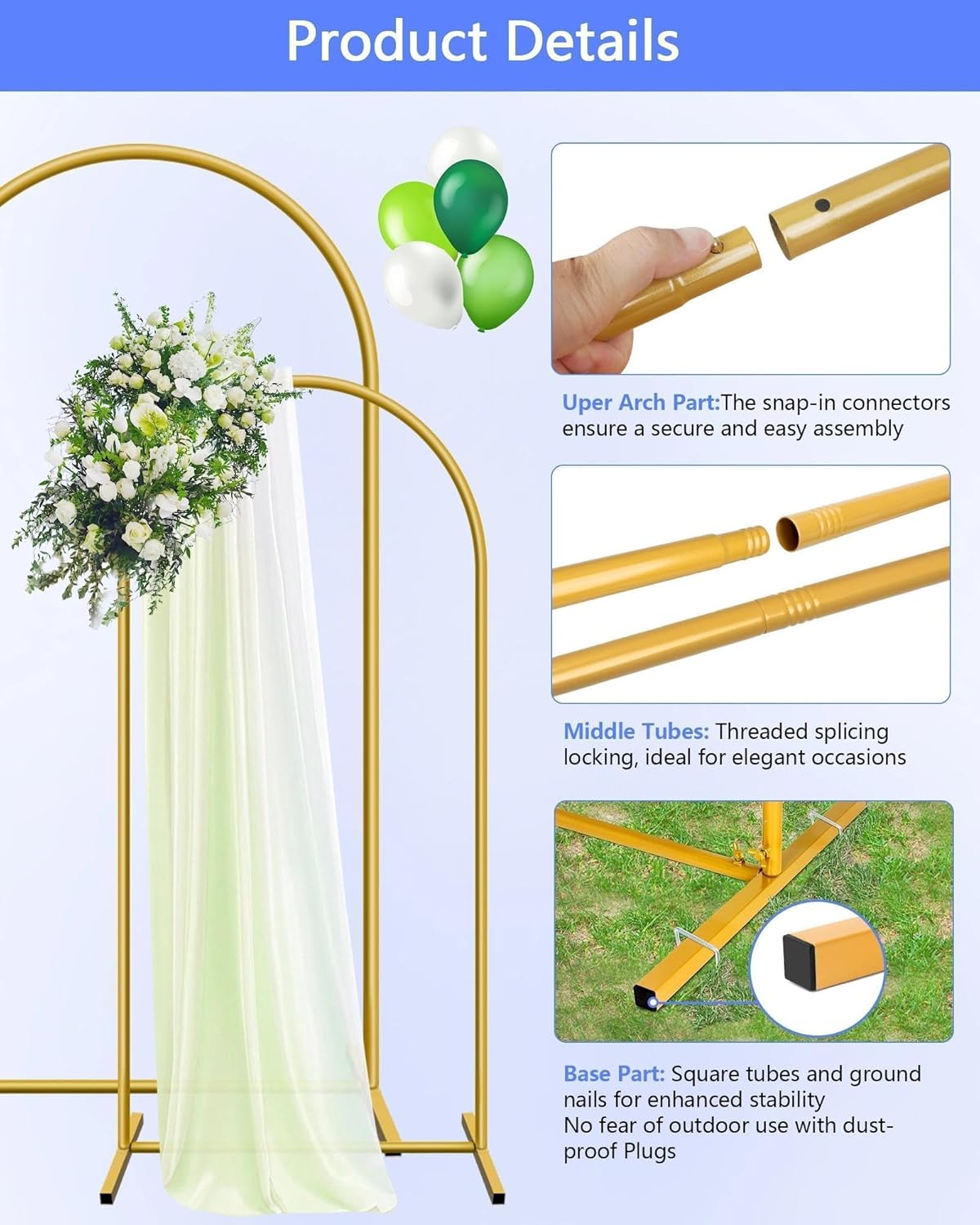 HEMMOTOP Metal Arch Backdrop Stand Set of 2 (7.2ft + 6ft), Wedding Arch Frame, Stable Background Stand with Square Base Ground Nails, for Birthday Party Baby Shower Garland Decoration, Gold