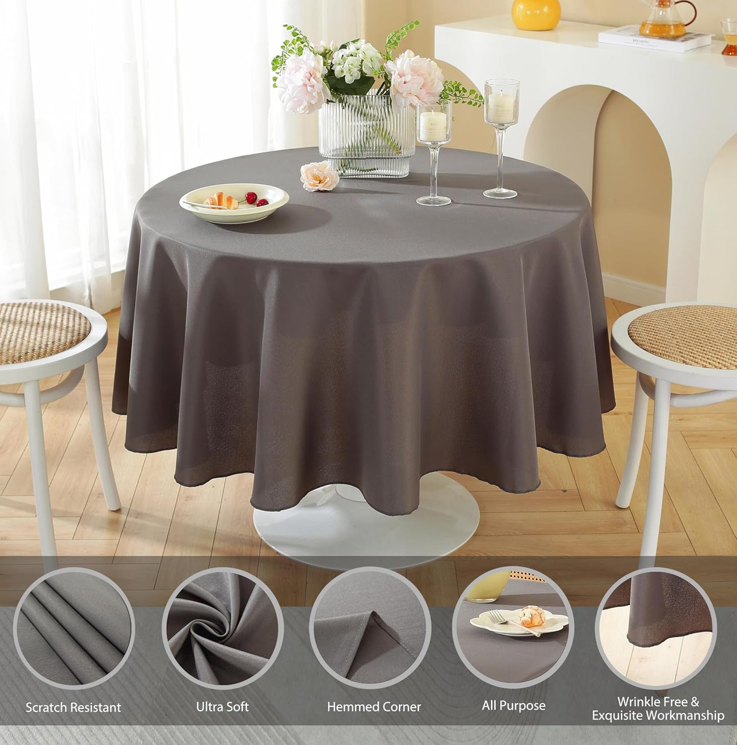 Craft And Party Round Tablecloth, 60 Inch Charcoal Tablecloth, Polyester Fabric Washable Table Cloth for Home, Party, Wedding or Restaurant Use.