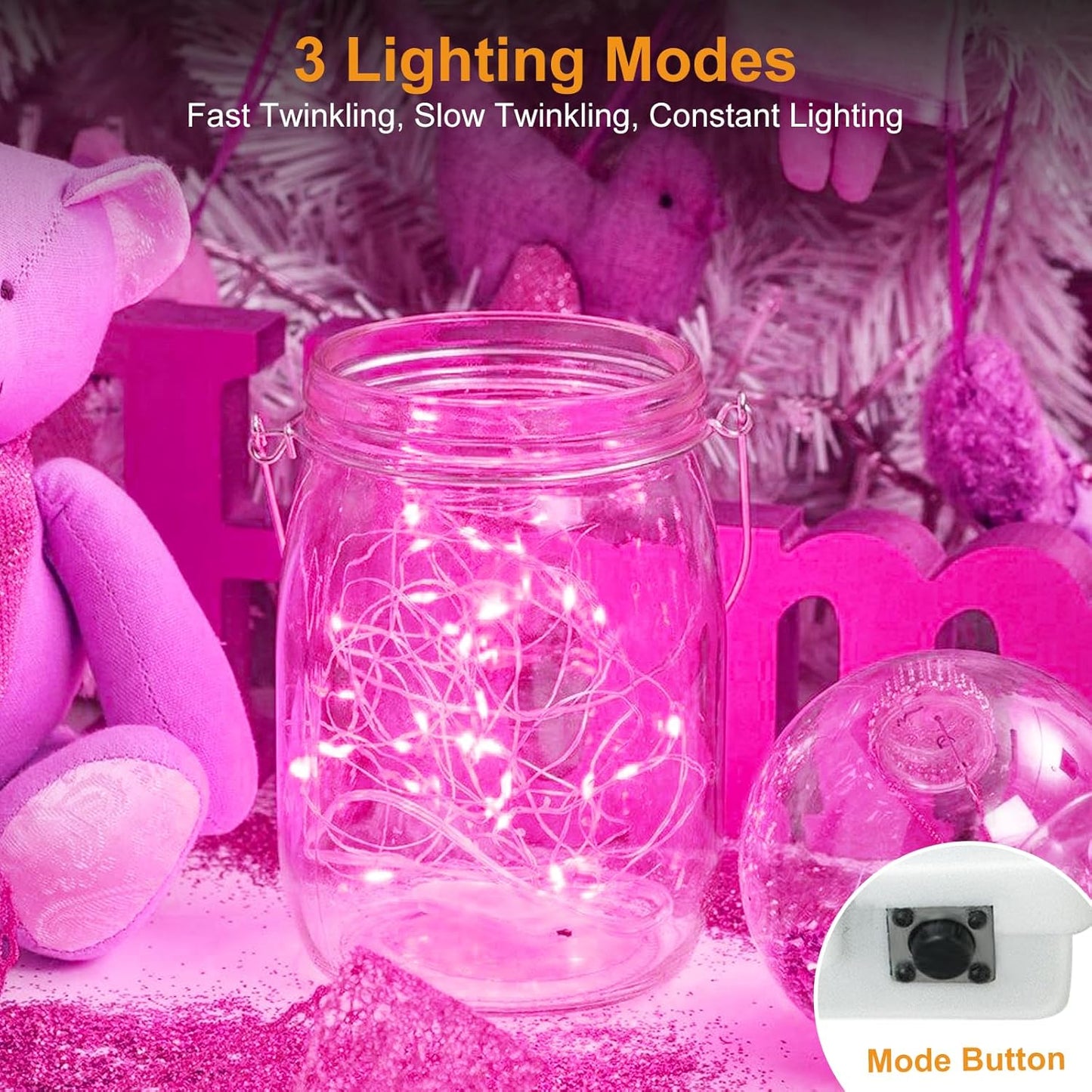 btfarm 30 Pack Fairy Lights Battery Operated [3 Modes], Valentine's Day Lights 7ft 20 Led Twinkle String Lights Waterproof Bulk Small Mini for Mason Jars Vases Wedding Table Centerpiece, Pink