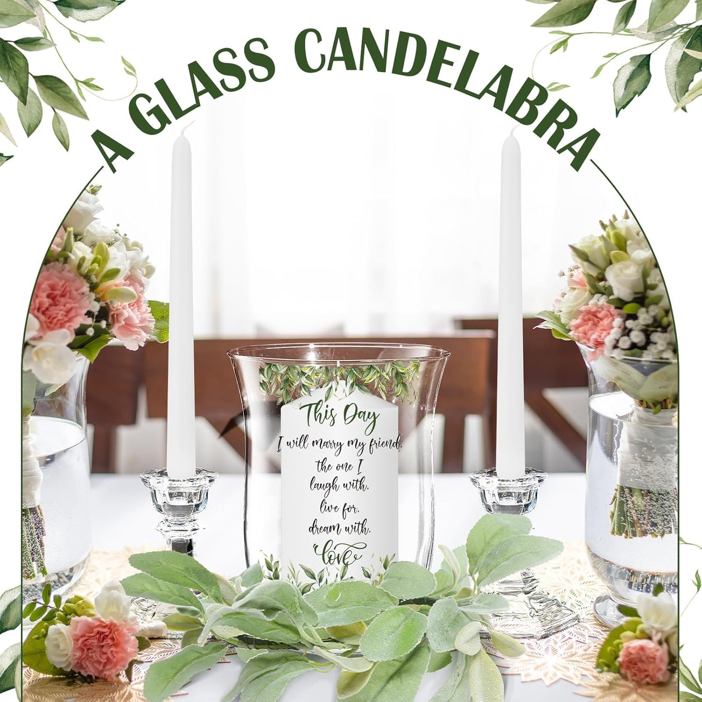 Irenare Unity Candles with Holder for Wedding Ceremony Wedding Decortions Accessories Glass Candle Holder Pillar Candle for Formal Events Church(Green Leaf)