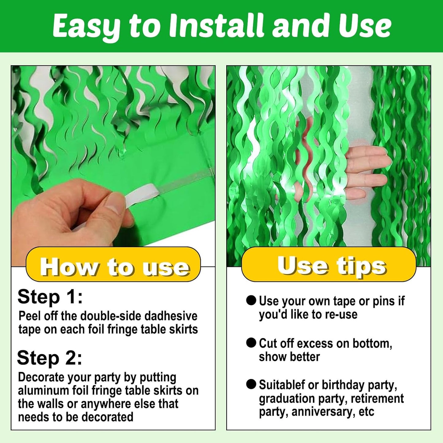 6 Pack 29x108 Inch Green Wave Foil Fringe Table Skirts Metallic Banner for Tinsel Streamer Garland Backdrop for Parade Floats Wedding, Mother's Day, Birthday Mardi Gras Party Decorations