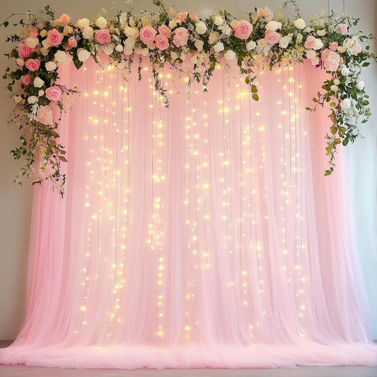 Tulle Backdrop Curtain with Lights String 10FT X 10FT Pink Sheer Tulle Backdrop Curtains for Wedding Birthday Party Reception Photo Booth Background Decorations (2 Panels 5x10FT)
